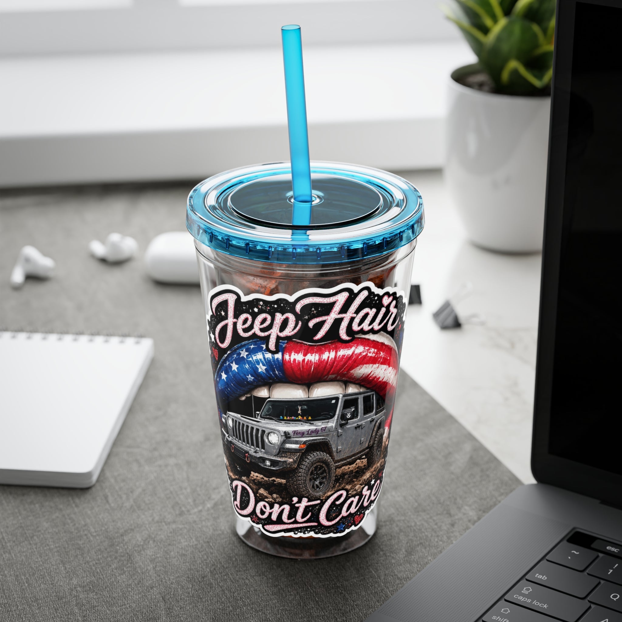 Jeep Hair Don't Care 16oz Tumbler with Straw — Patriotic Off-Road Truck Design