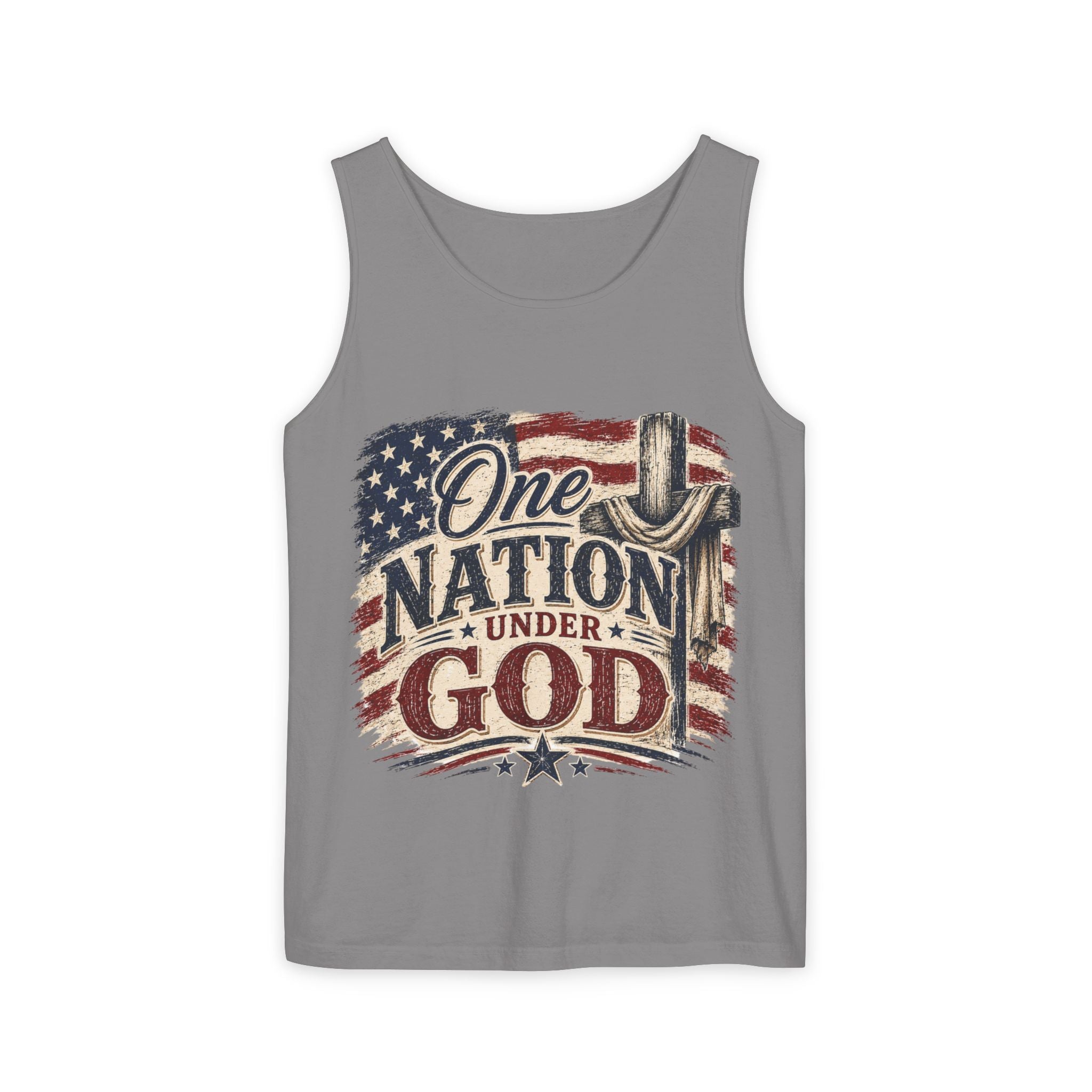 One Nation Under God Tank Top — Patriotic American Flag & Cross Sleeveless Tee