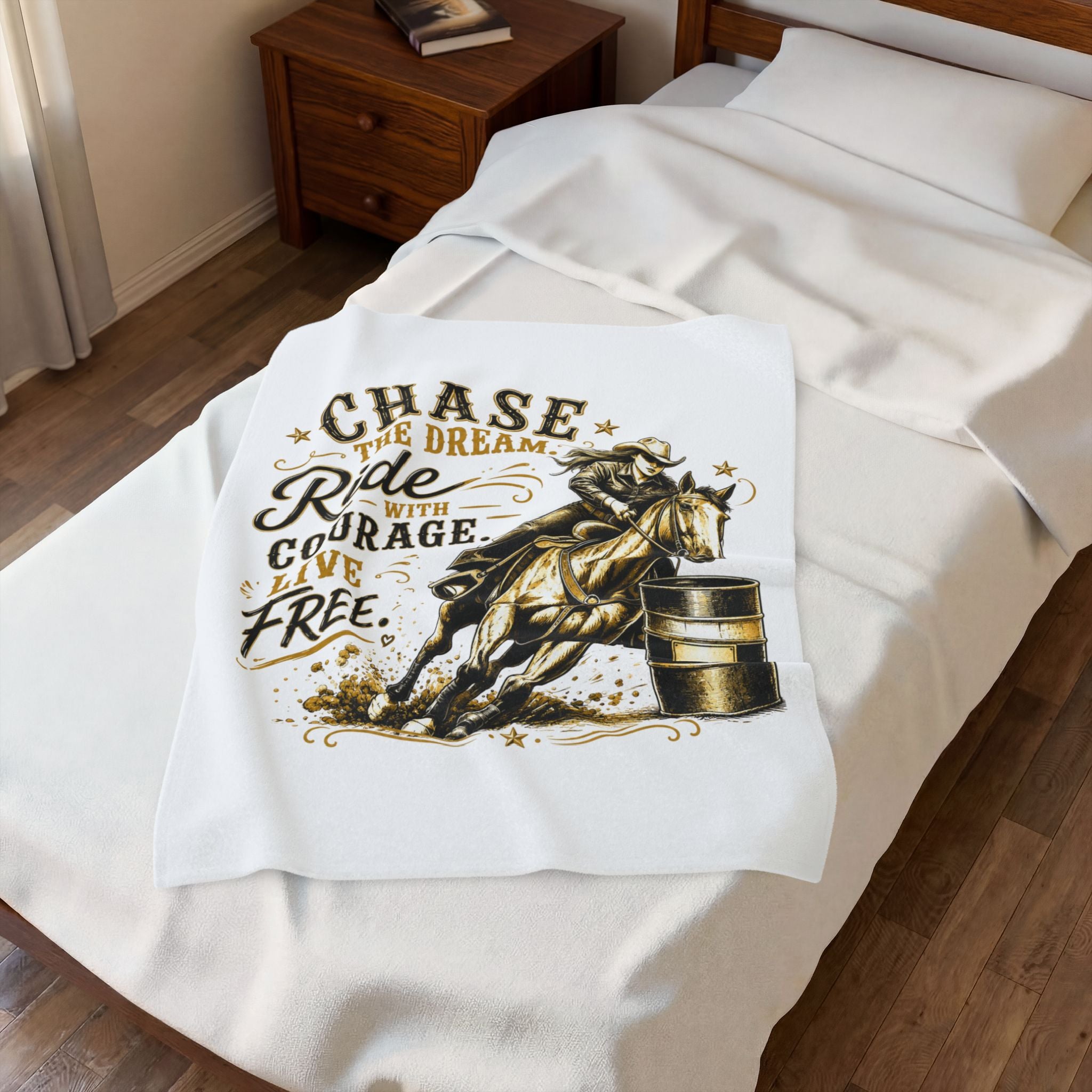 "Chase the Dream. Ride with Courage. Live Free." — (Gold) Barrel Racing Velveteen Plush Blanket