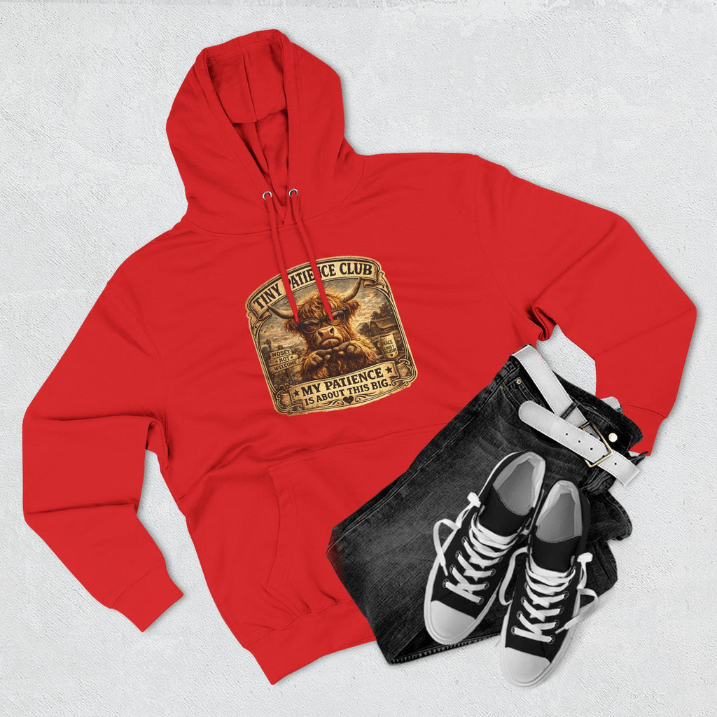 Tiny Patience Club Highland Cow Three-Panel Fleece Hoodie