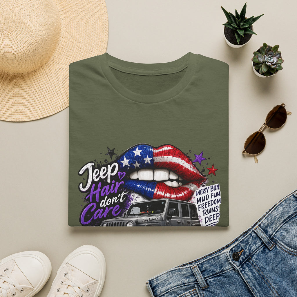 Jeep Hair Don't Care T-Shirt — American Flag Lips Off-Road Truck Tee