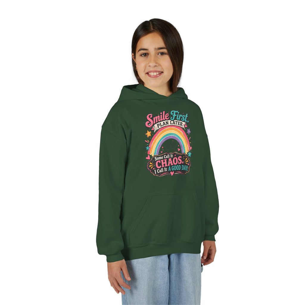 "Smile First, Plan Later" Rainbow Chaos Quote Pullover - Youth Hoodie -