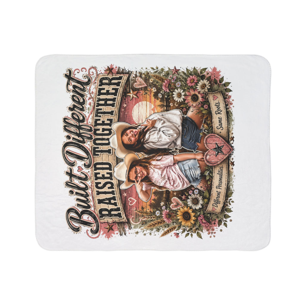 "Built Different Raised Together" Sister Cowgirl Retro Floral Throw — Fleece Sherpa Blanket