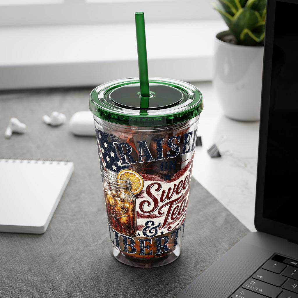 Raised On Sweet Tea & Liberty Sunsplash Tumbler with Straw, 16oz