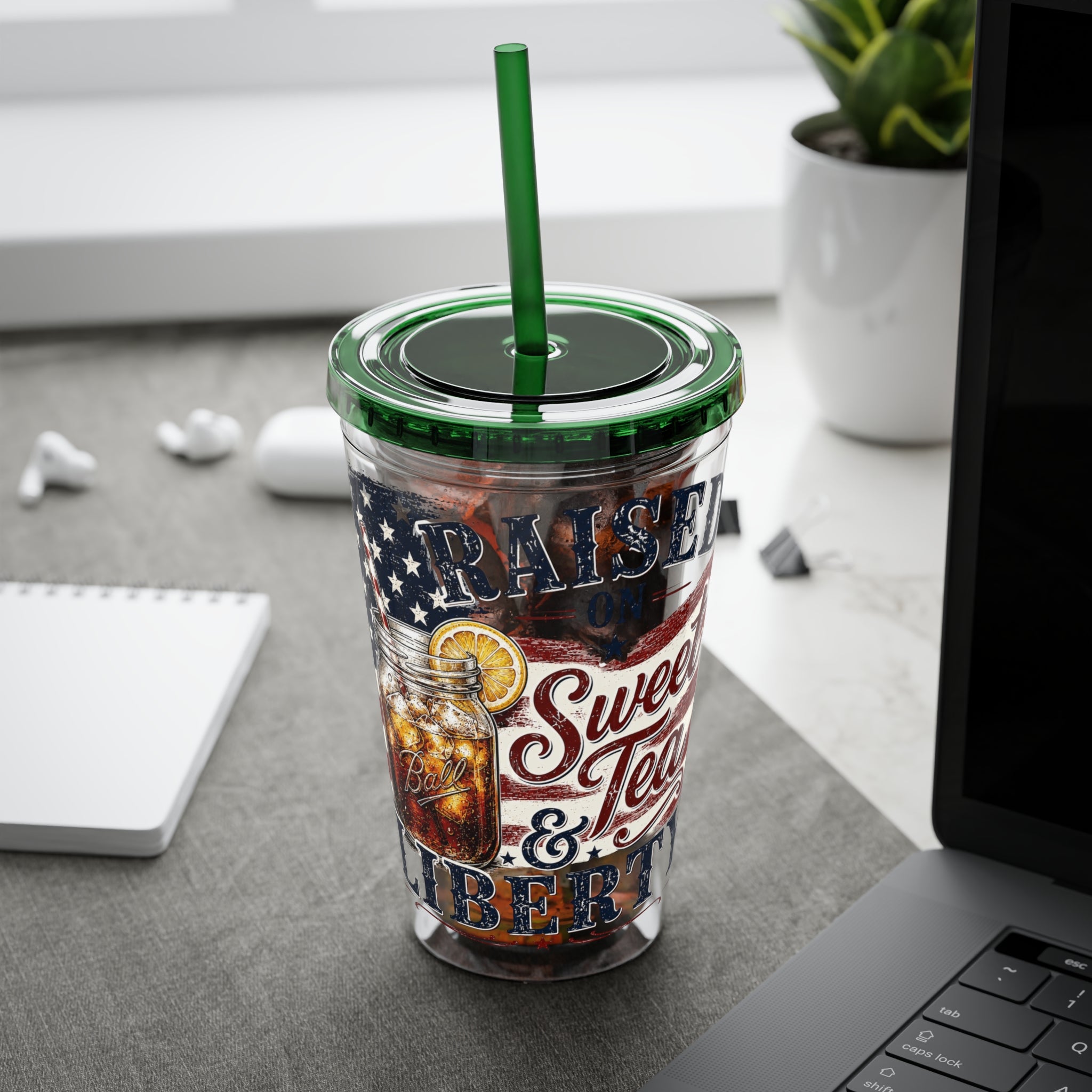 Raised On Sweet Tea & Liberty Sunsplash Tumbler with Straw, 16oz