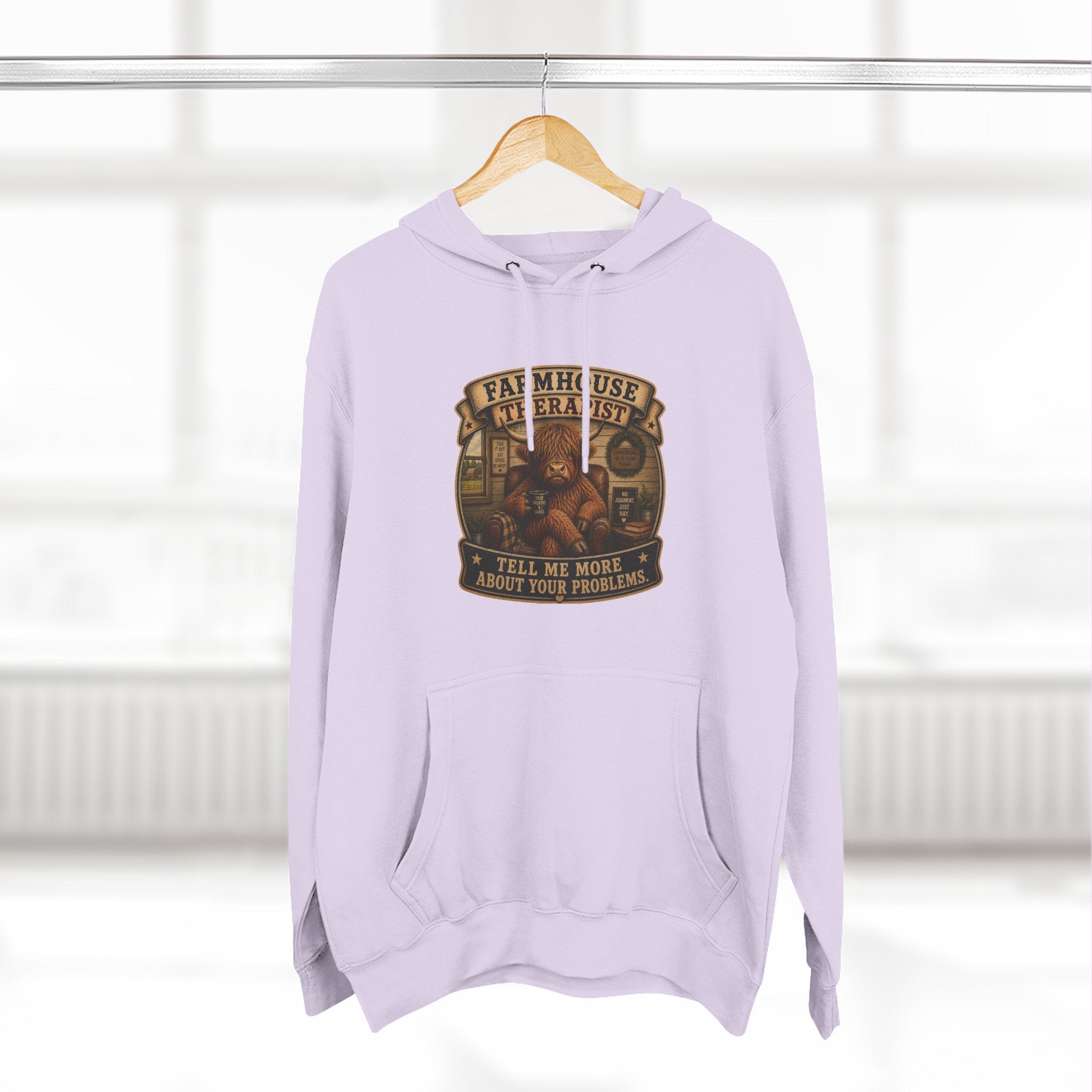 Farmhouse Therapist Highland Cow Three-Panel Fleece Hoodie