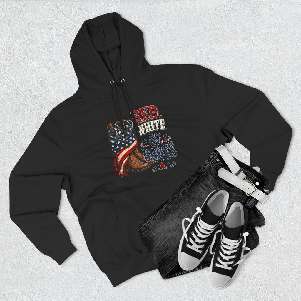 Patriotic 'Red White & Boots' Hoodie — American Flag Cowboy Boots Pullover