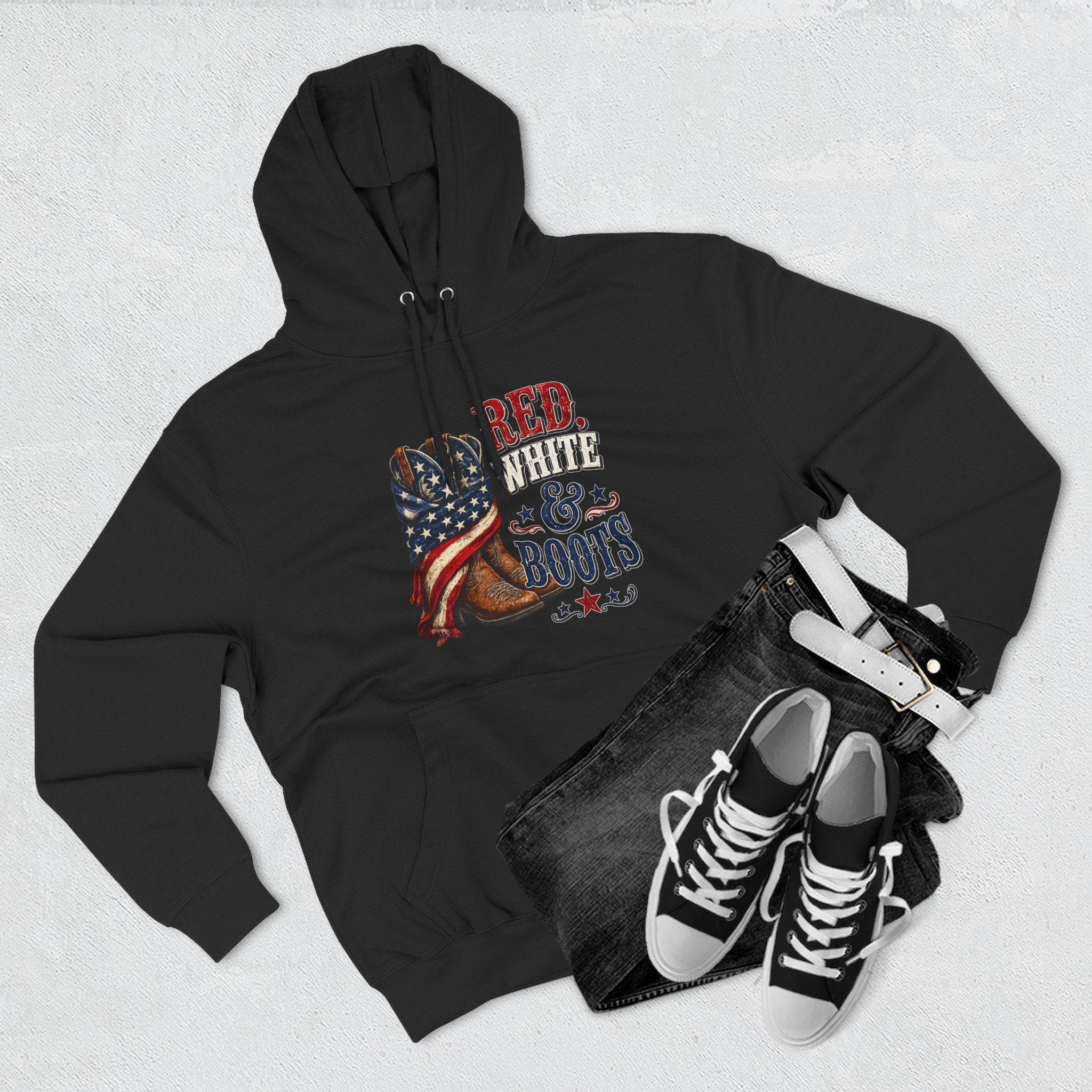 Patriotic 'Red White & Boots' Hoodie — American Flag Cowboy Boots Pullover