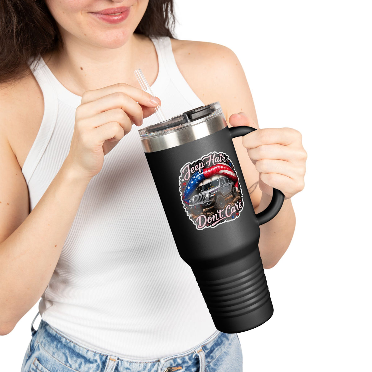 "Jeep Hair Don't Care" Patriotic Off‑Road Design — 40oz Insulated Travel Mug