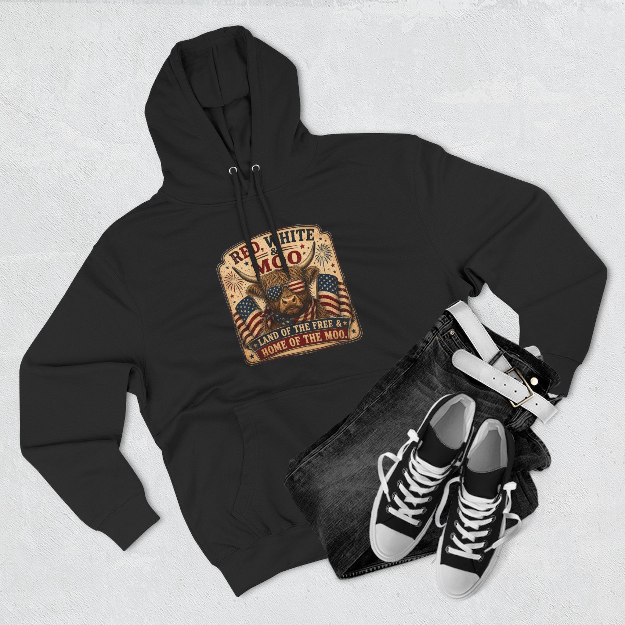 Red, White, & Moo Highland Cow Three-Panel Fleece Hoodie