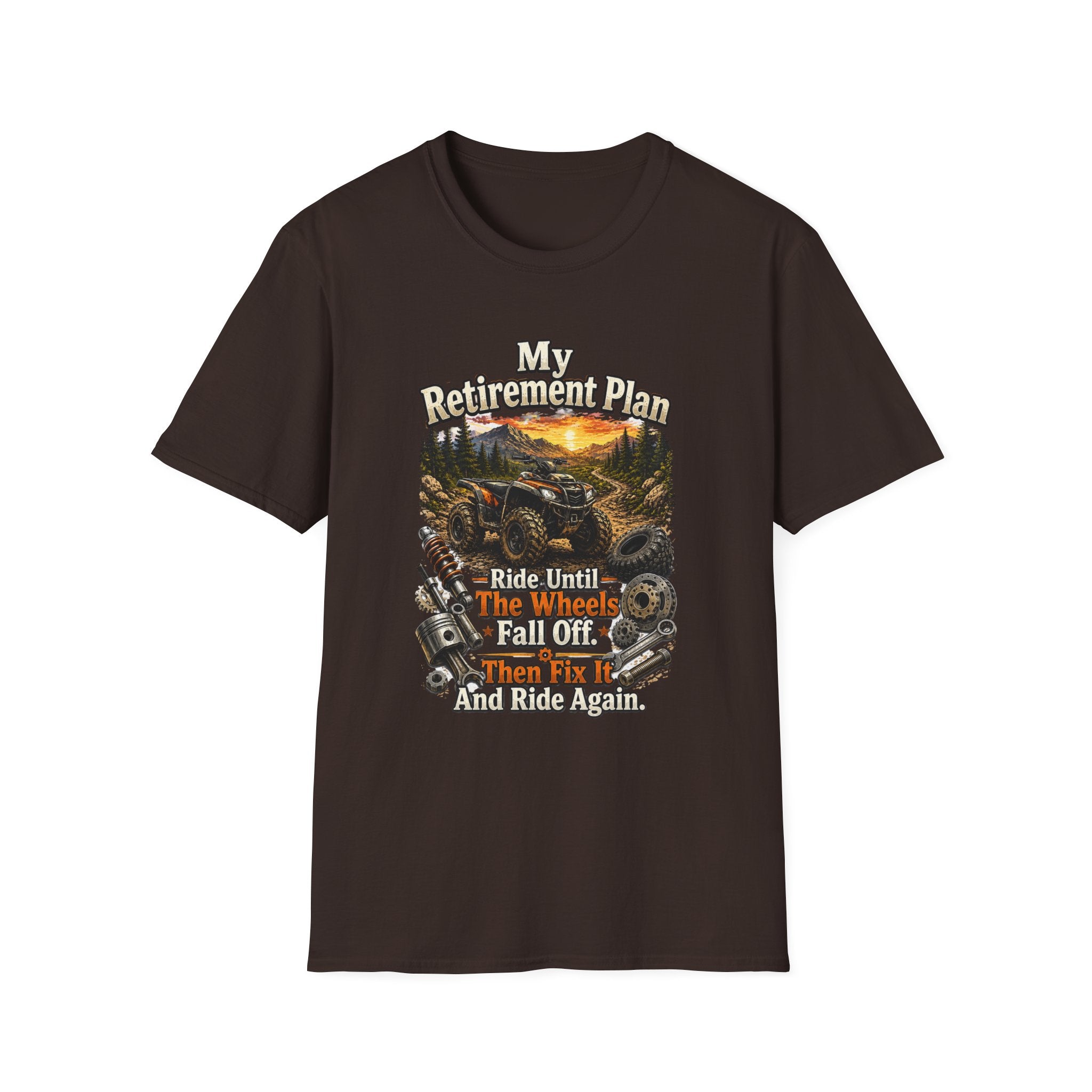 “My Retirement Plan: Ride Until I Can’t, Then Die With A Smile” Motorcycle Sunset Tee — T-Shirt