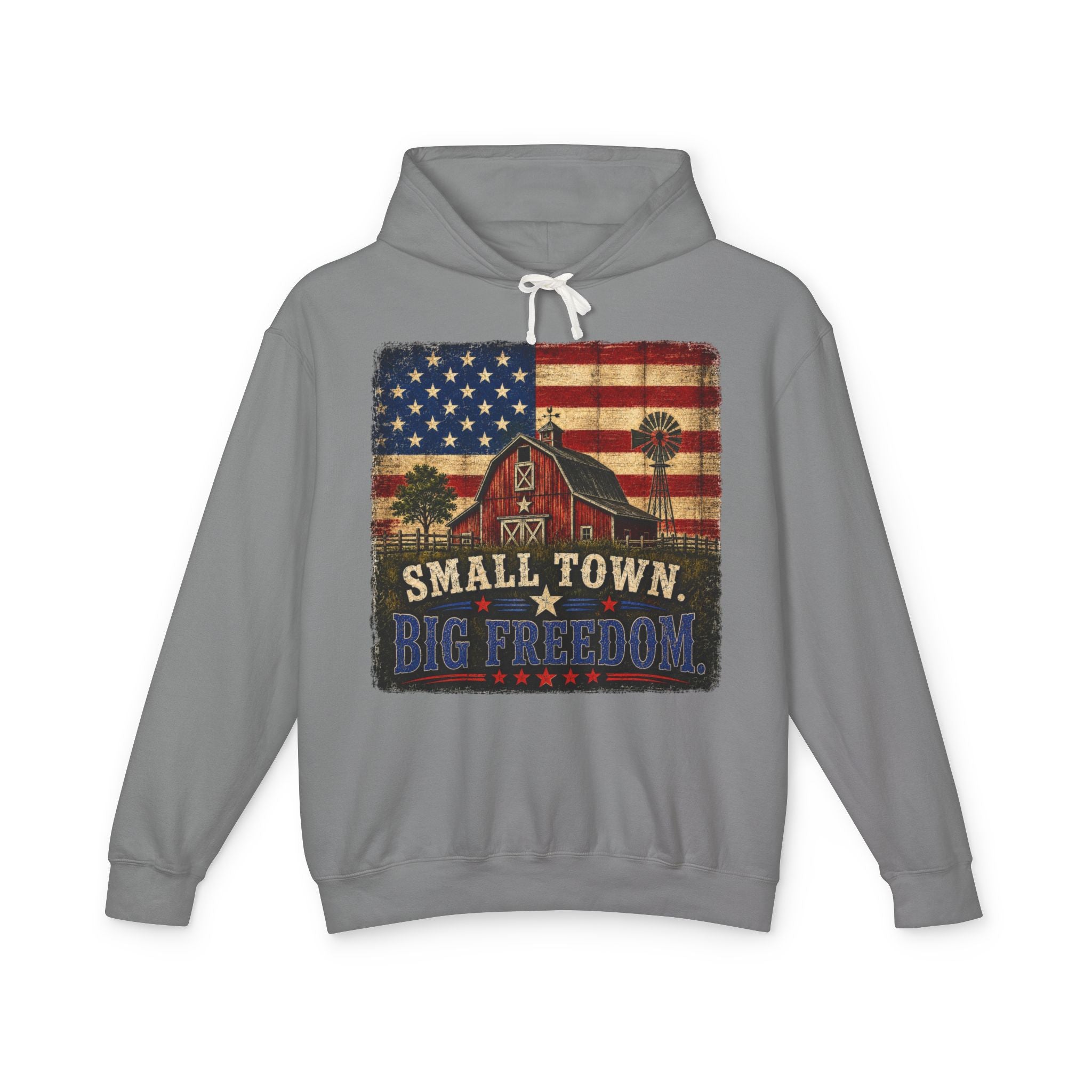 Small Town Big Freedom Hoodie — Vintage American Flag Barn Patriotic Pullover