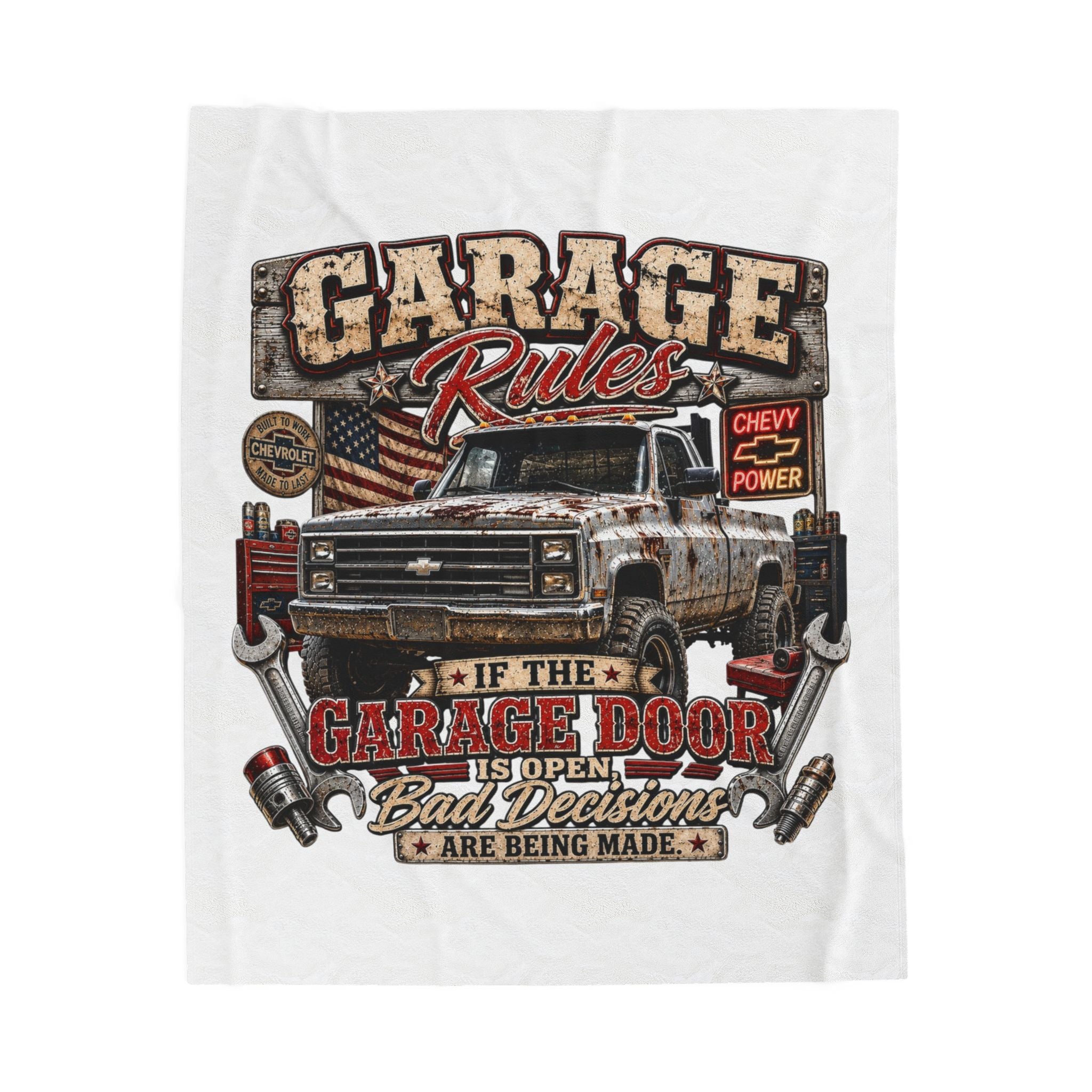 Garage Rules Velveteen Plush Blanket — "If the Garage Door Is Open, Bad Decisions Are Being Made" (Truck Mechanic Gift)