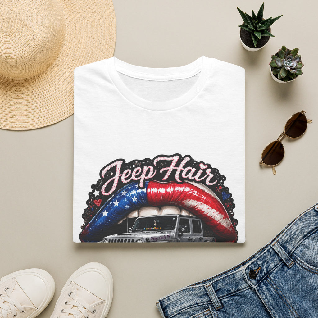Jeep Hair Don't Care T-Shirt — American Flag Lips Off‑Road Graphic Tee