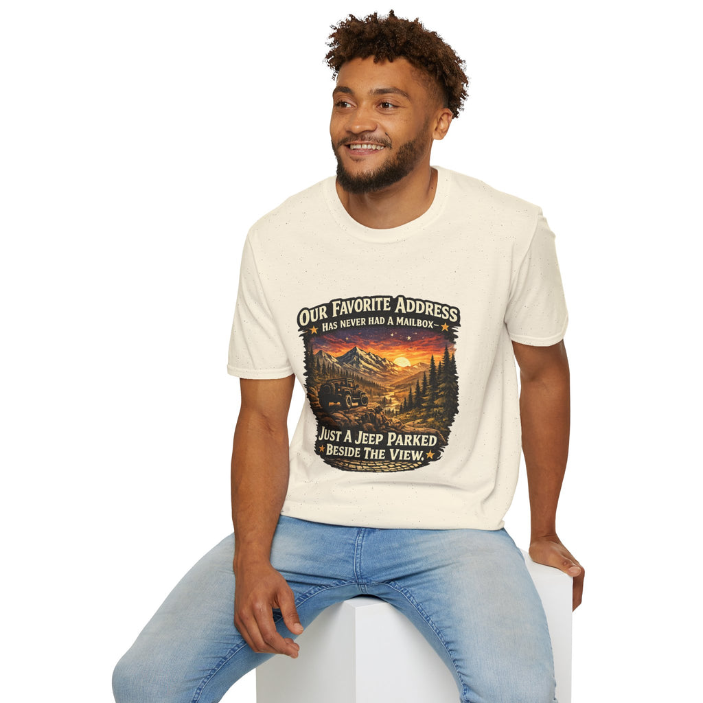 "Our Favorite Address Has Never Had a Mailbox" Scenic Mountain Camping Tee — T-Shirt