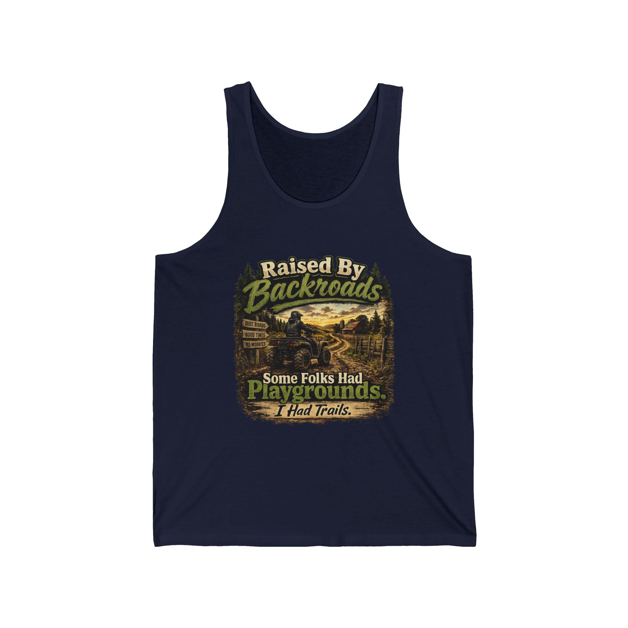 "Some Folks Had Playgrounds, I Had Trails" Outdoor Adventure Tank — Raised By Backroads Tank Top