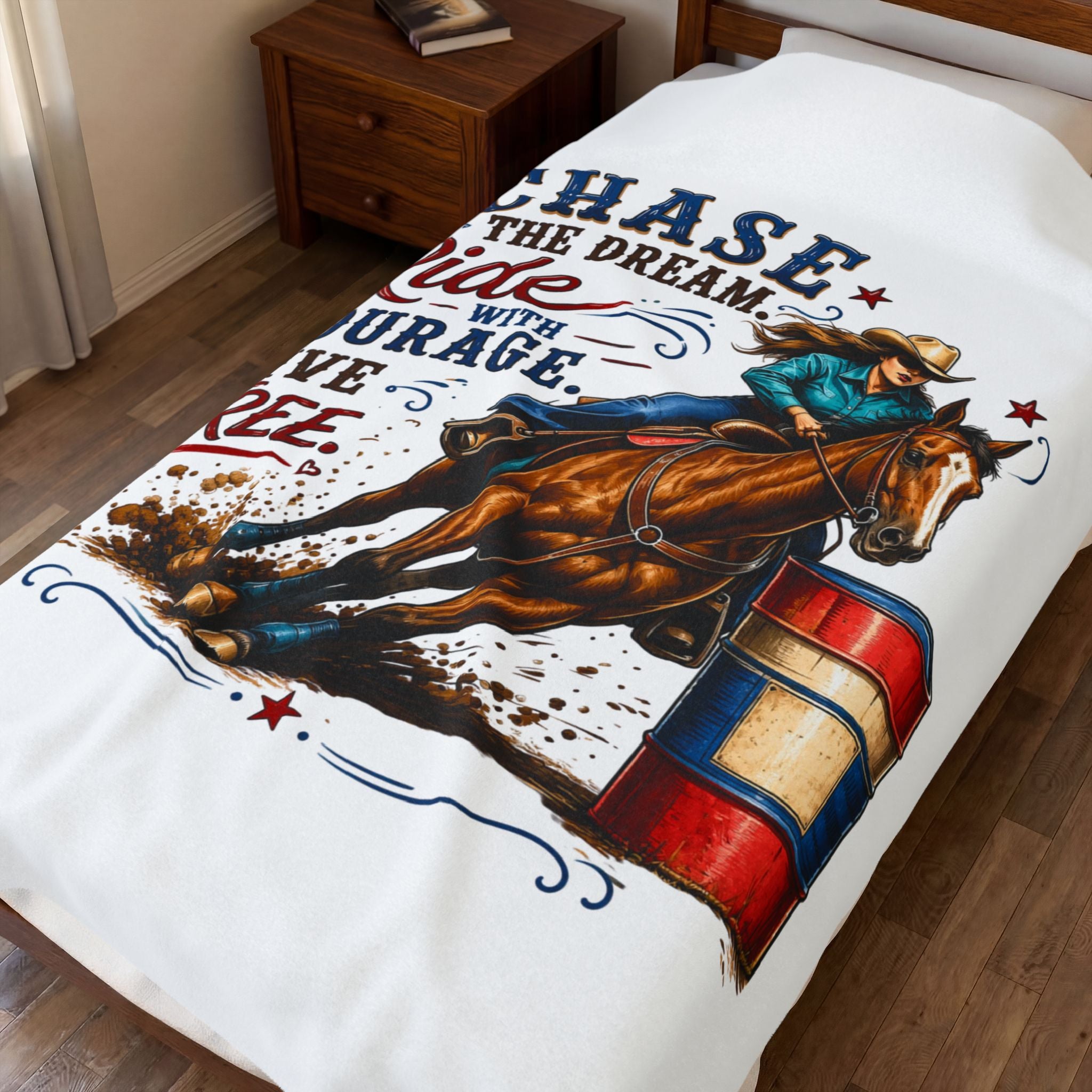 “Chase the Dream, Ride with Courage, Live Free” Barrel Racing Horse Throw — Velveteen Blanket