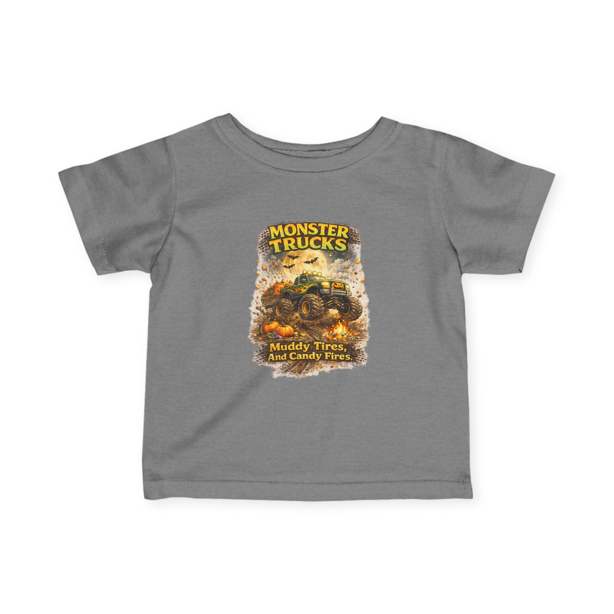 "Monster Trucks: Muddy Tires and Candy Flies" Cute Graphic Baby Shirt — Infant Tee