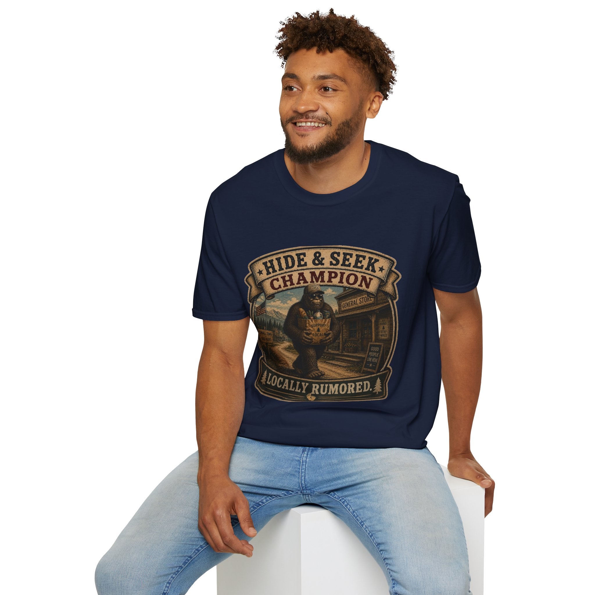 Hide & Seek Champion T-Shirt — Bigfoot Sasquatch Vintage Badge Design
