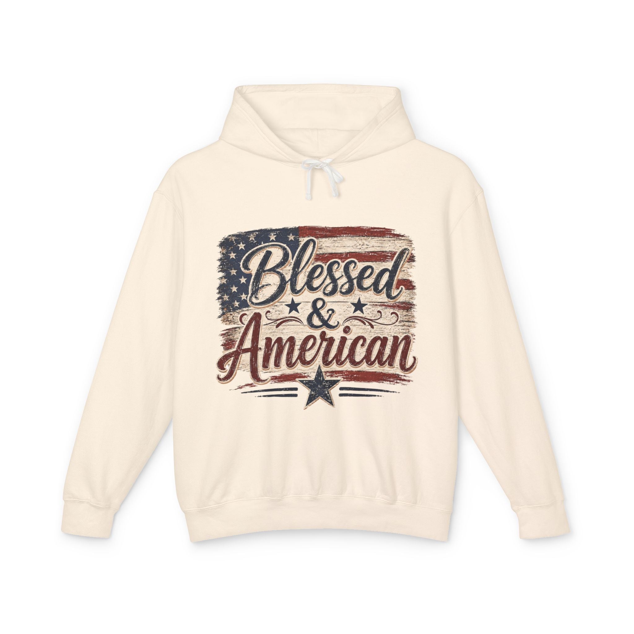 Blessed & American Hoodie — Patriotic Flag Graphic Lightweight Sweatshirt