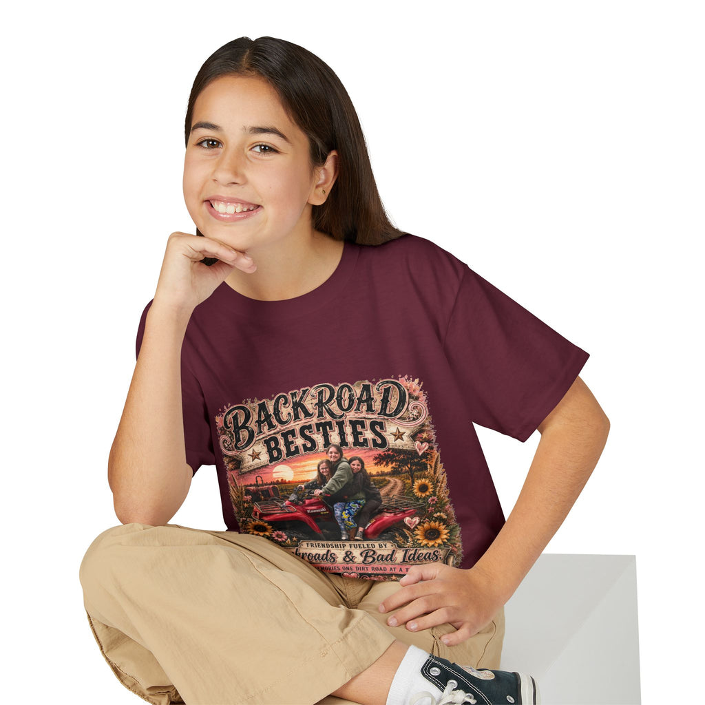 Backroad Besties Youth T‑Shirt — Vintage Tractor Sunset Kids Tee