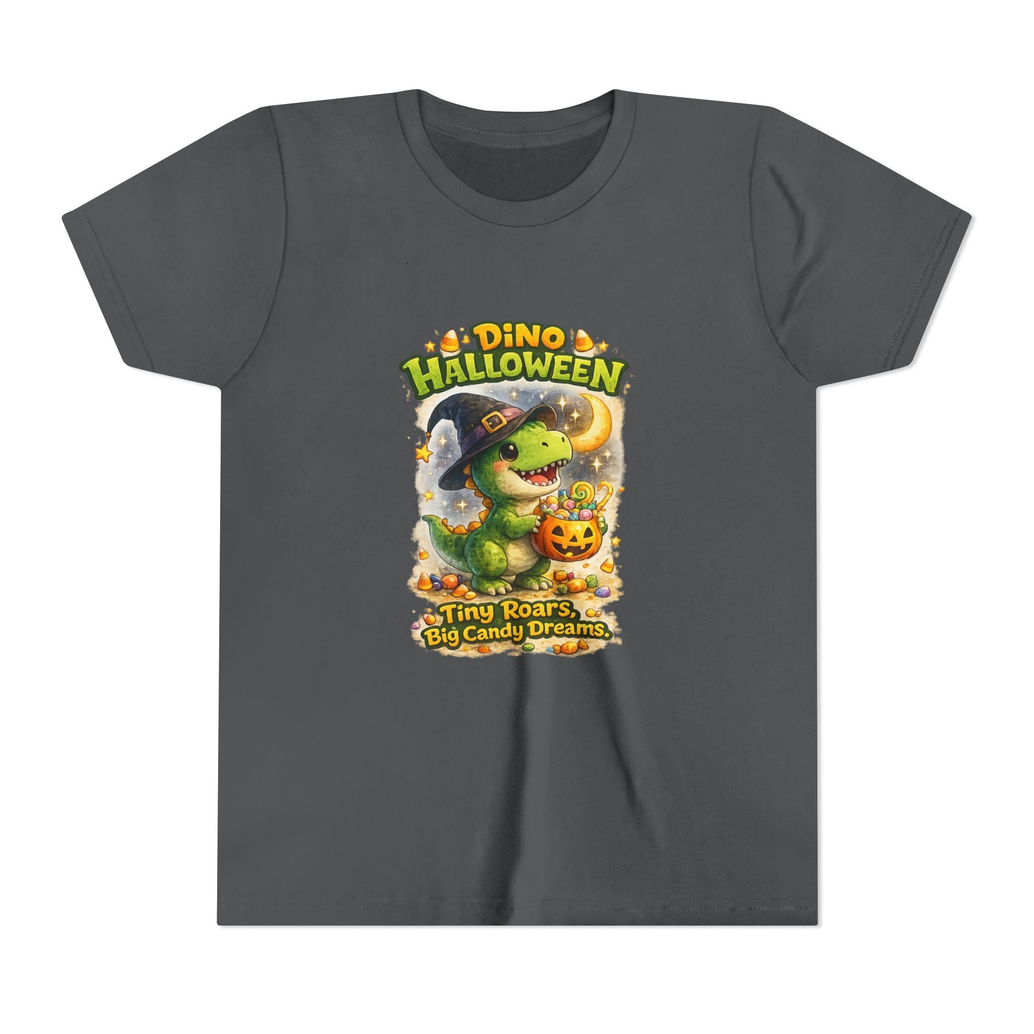 Dino Halloween "Tiny Roars, Big Candy Dreams" Cute Trick-or-Treat T-Shirt - Youth Tee