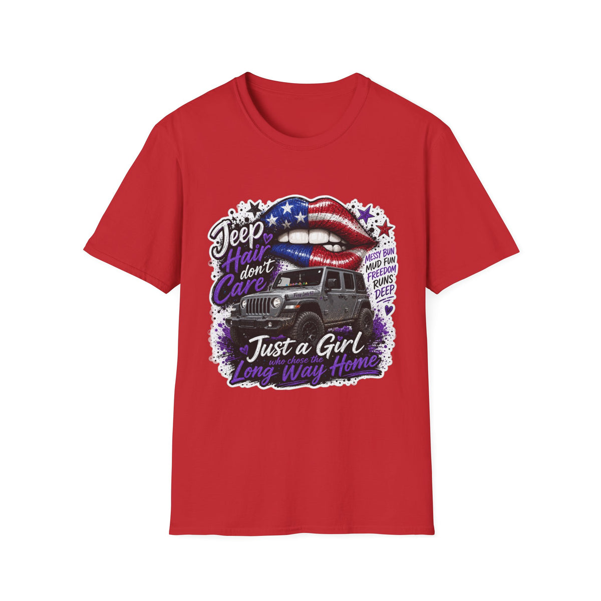 Jeep Hair Don't Care T-Shirt — American Flag Lips Off-Road Truck Tee