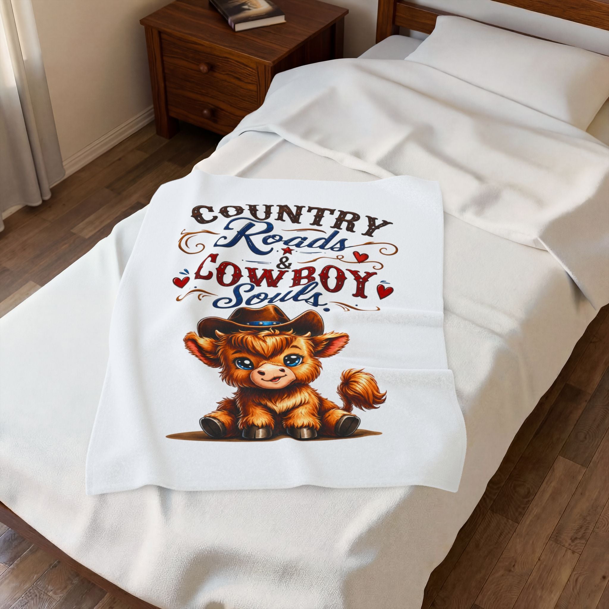 Country Roads & Cowboy Souls Velveteen Plush Blanket – Cute Cow in Cowboy Hat