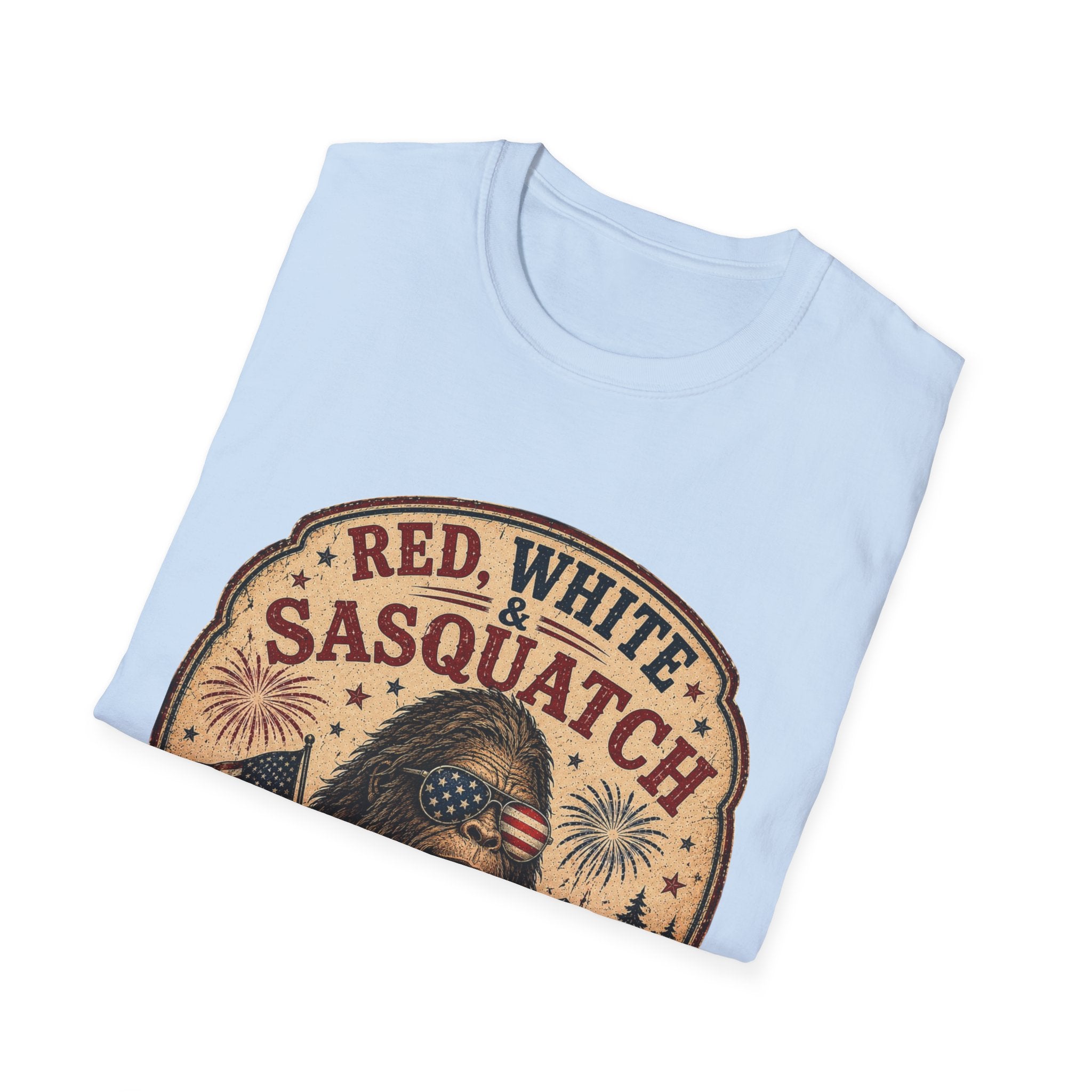 Red, White & Sasquatch T-Shirt — Proudly Unverified Patriotic Tee