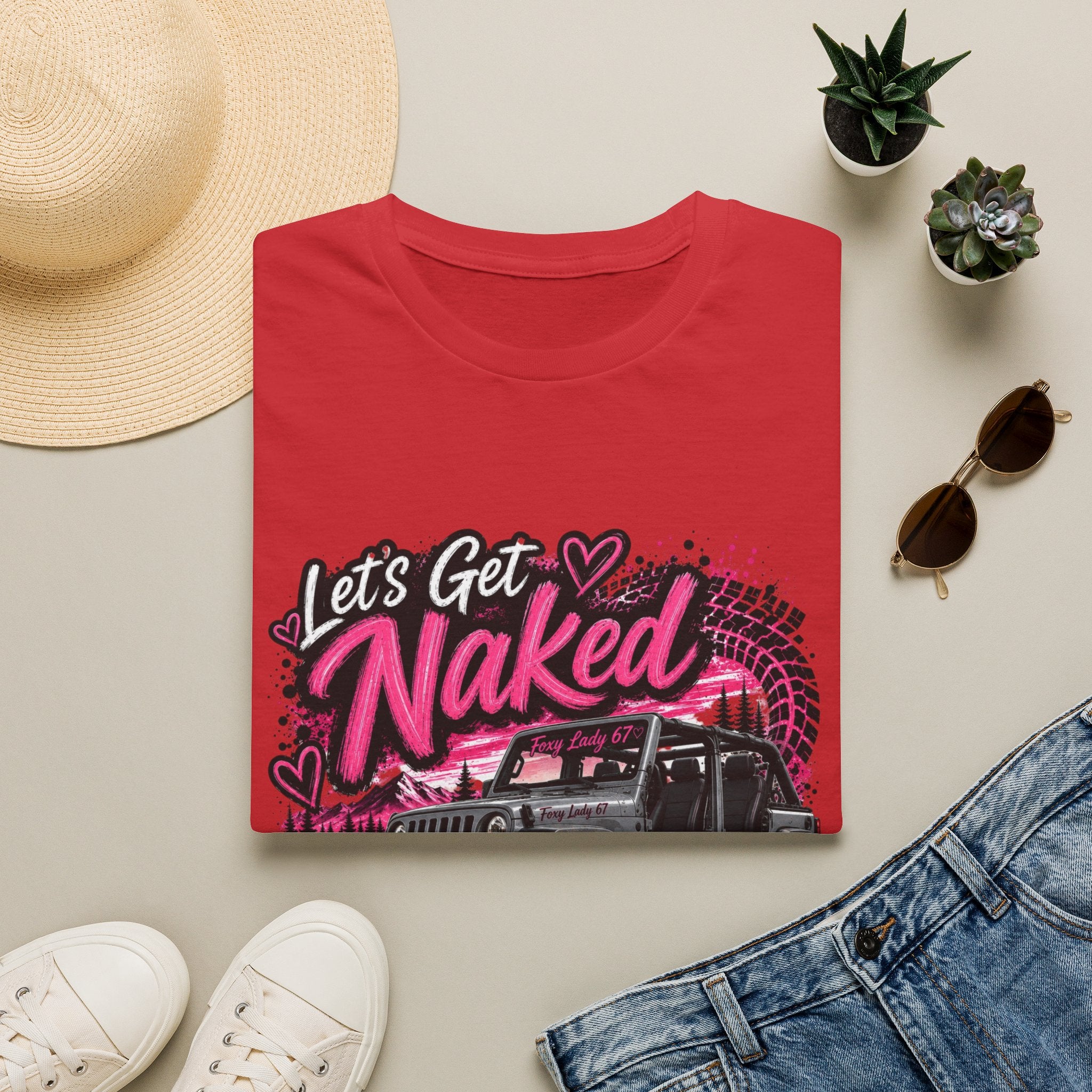 Jeep 'Let's Get Naked' Graphic T-Shirt — (Pink) Funny Off-Roading Top