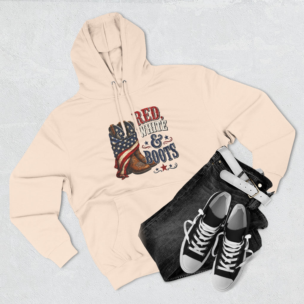 Patriotic 'Red White & Boots' Hoodie — American Flag Cowboy Boots Pullover