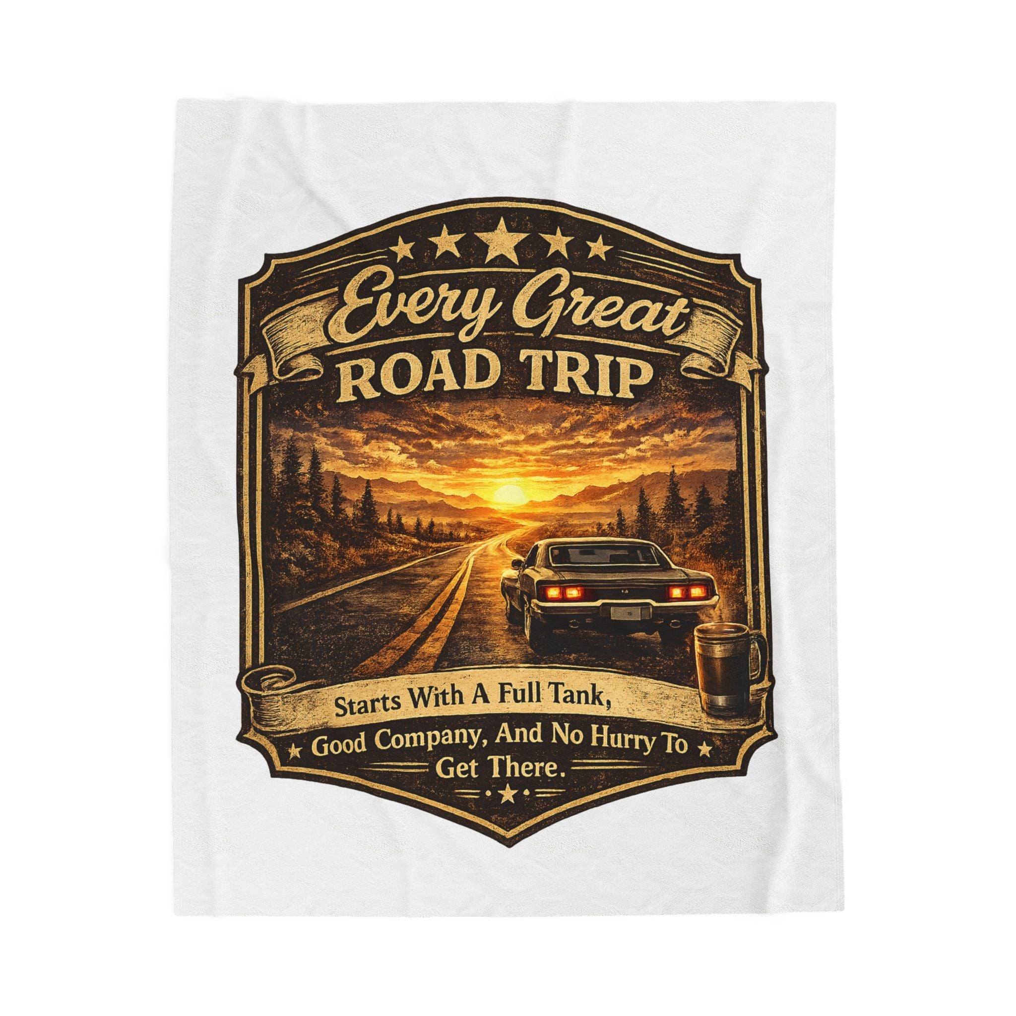 “Every Great Road Trip” Vintage Sunset Car Travel Throw — Velveteen Plush Blanket