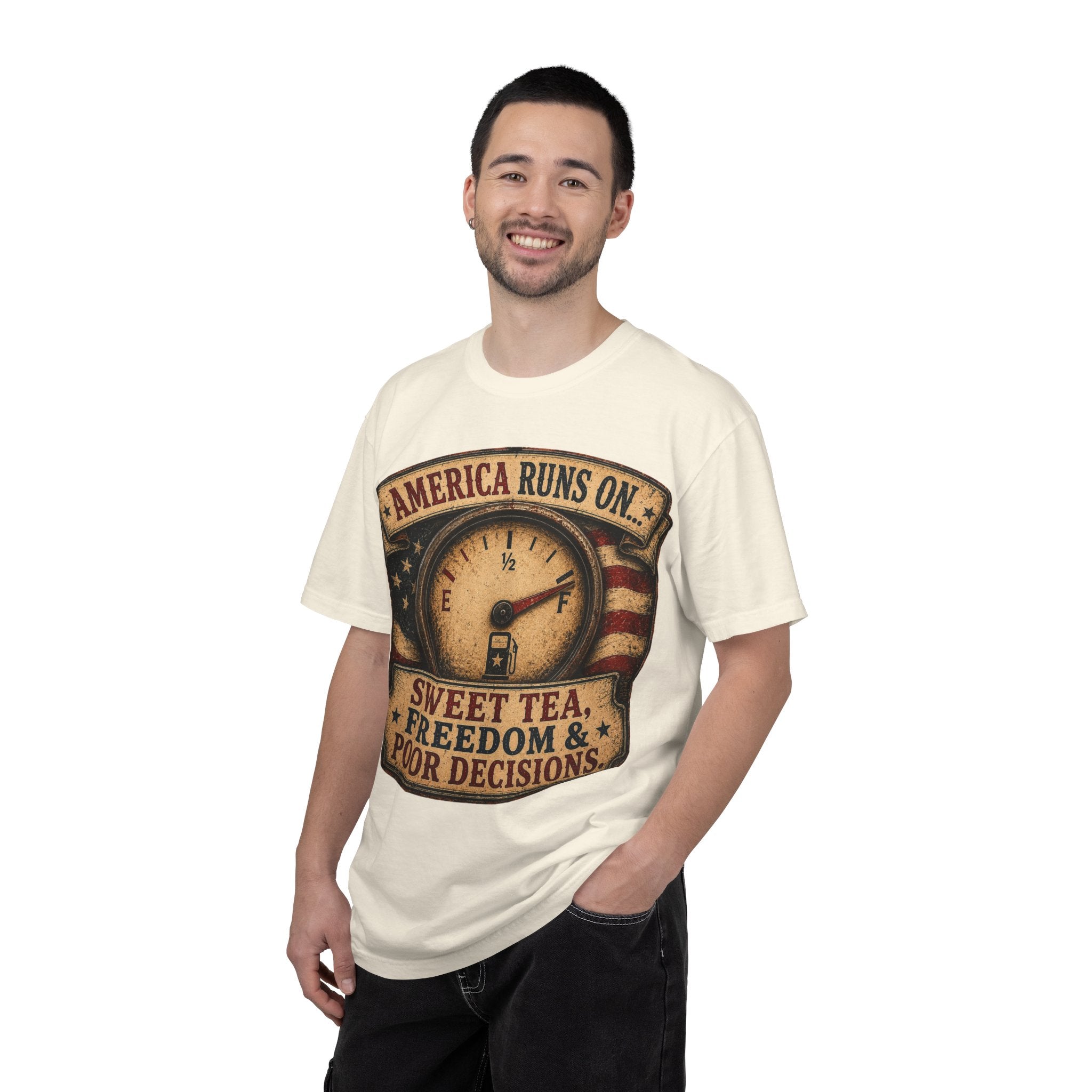 America Runs On T-Shirt — "Sweet Tea, Freedom & Poor Decisions" Vintage Patriotic Tee