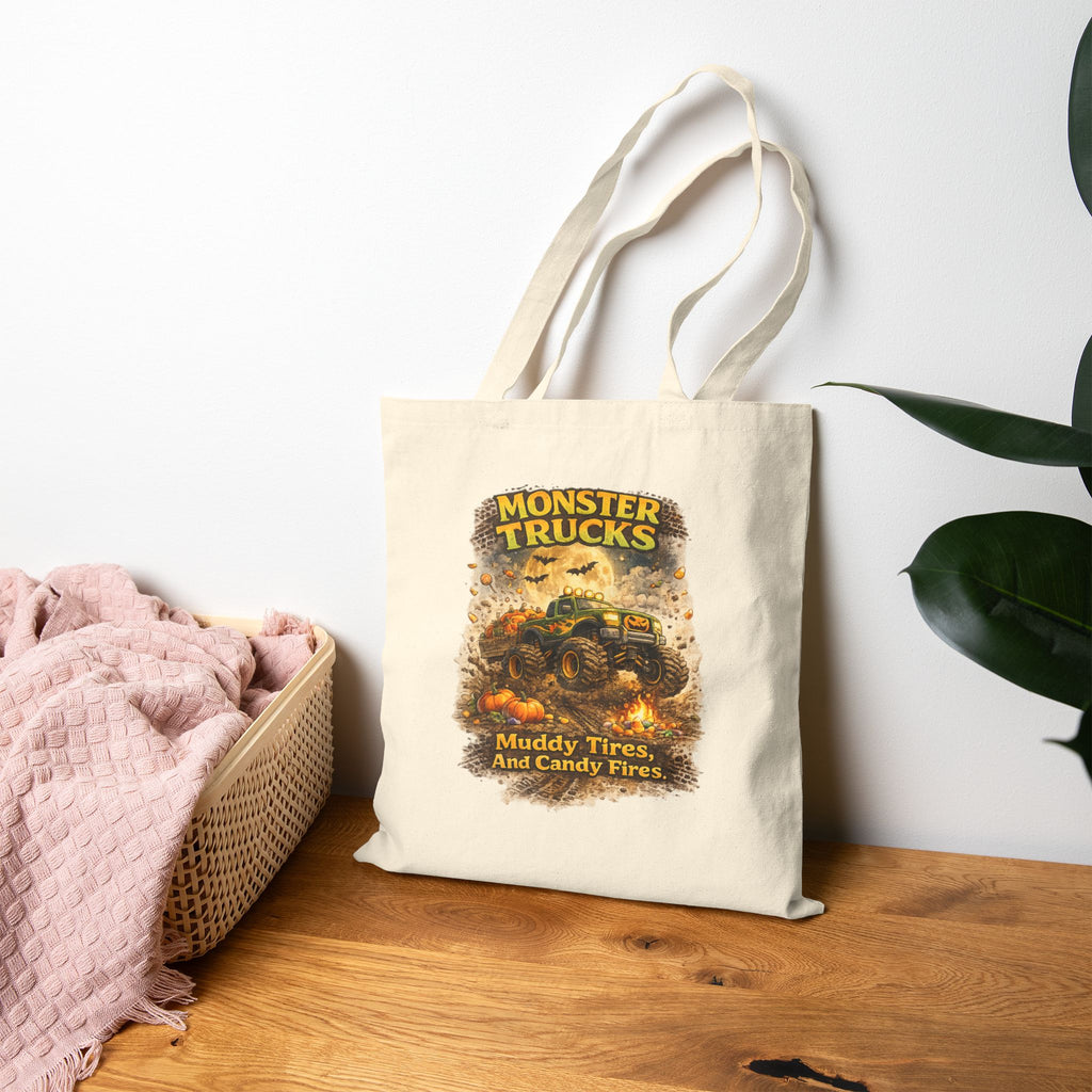 Monster Trucks Tote Bag — "Muddy Tires And Candy Flies" Cotton Canvas Shopper