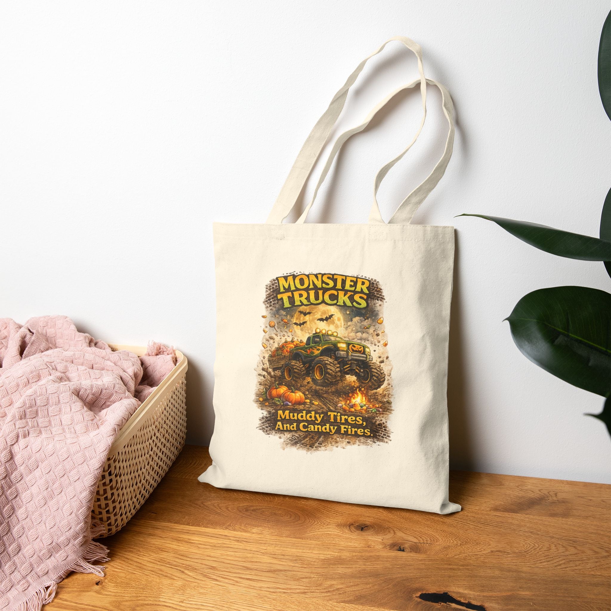 Monster Trucks Tote Bag — "Muddy Tires And Candy Flies" Cotton Canvas Shopper
