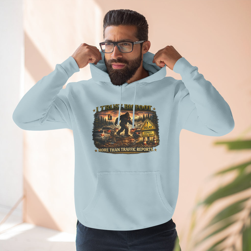 Bigfoot Forest Hoodie - "More Than Traffic Reports" Retro Sasquatch Graphic Hoodie