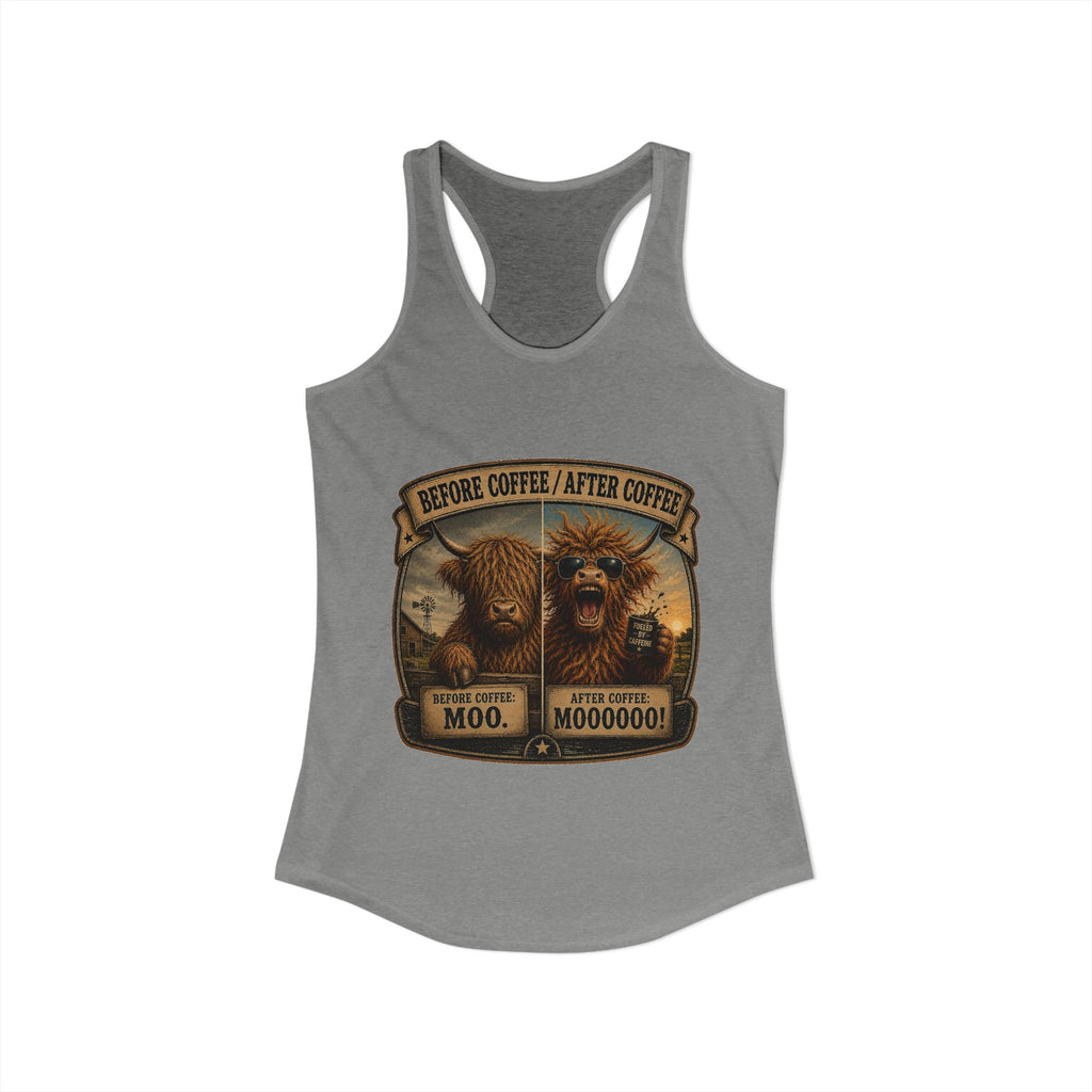 Before Coffee/After Coffee Highland Cow Women's Ideal Racerback Tank