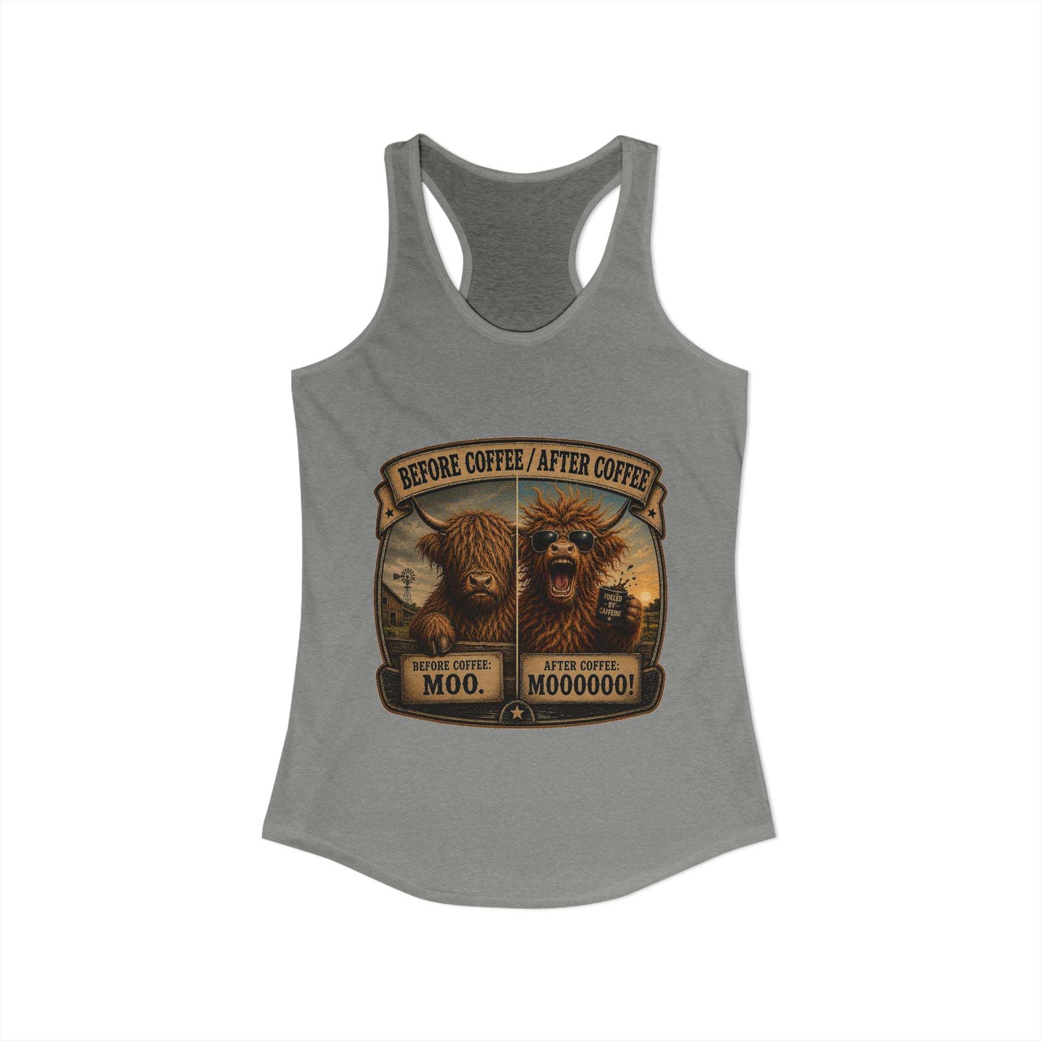 Before Coffee/After Coffee Highland Cow Women's Ideal Racerback Tank