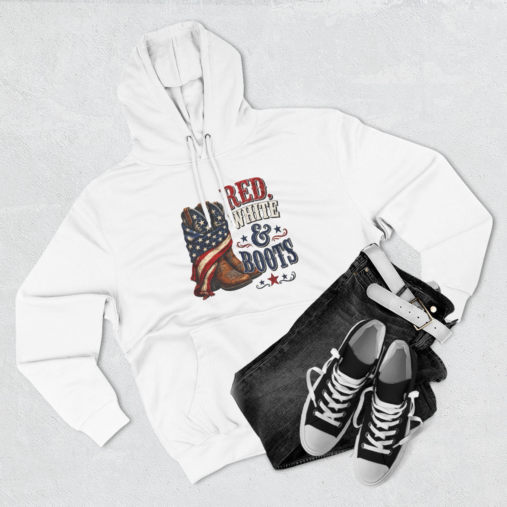 Patriotic 'Red White & Boots' Hoodie — American Flag Cowboy Boots Pullover