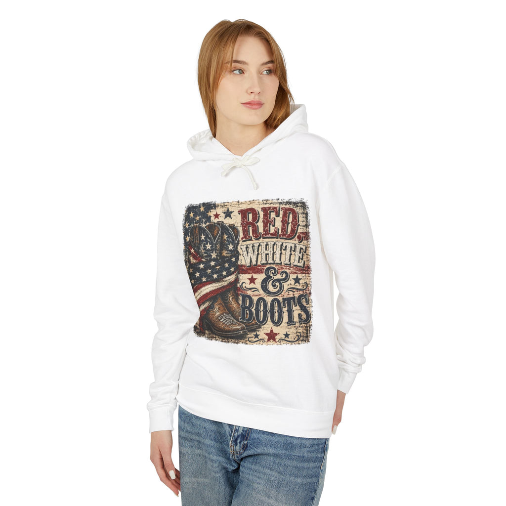Patriotic "Red White & Boots" Women's Hoodie — American Flag Cowboy Boot Graphic Hoodie