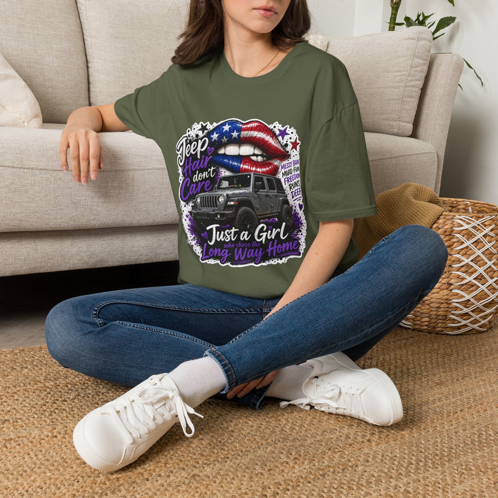 Jeep Hair Don't Care T-Shirt — American Flag Lips Off-Road Truck Tee