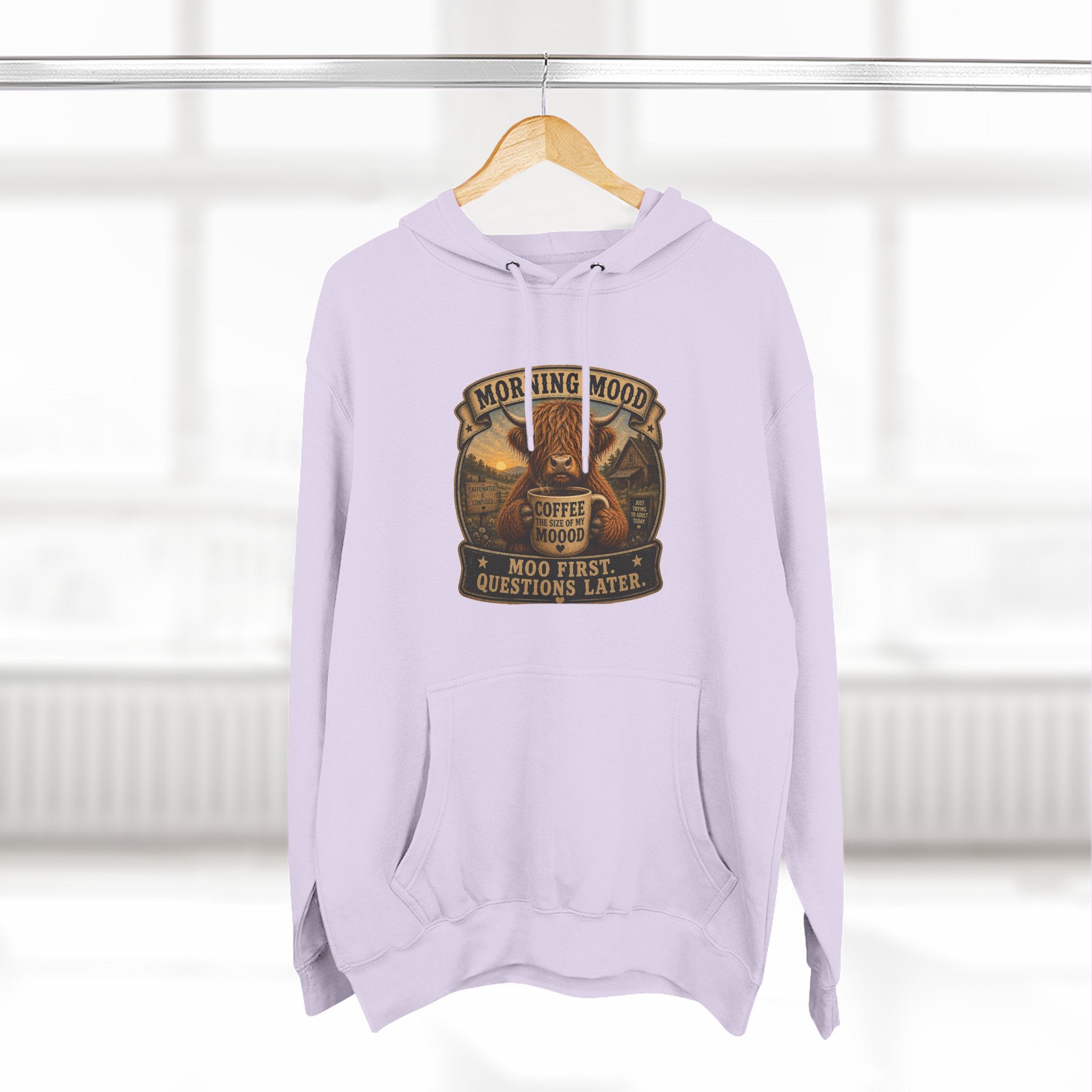 Morning Mood Moo First Questions Later Highland Cow Three-Panel Fleece Hoodie