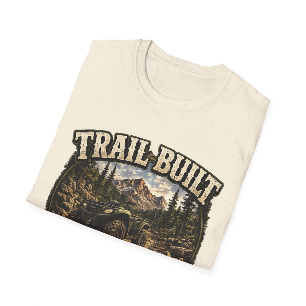 Trail-Built T-Shirt — Mountain Forest Adventure Tee ("Trail Built: Character Is Built Where The Pavement Ends")