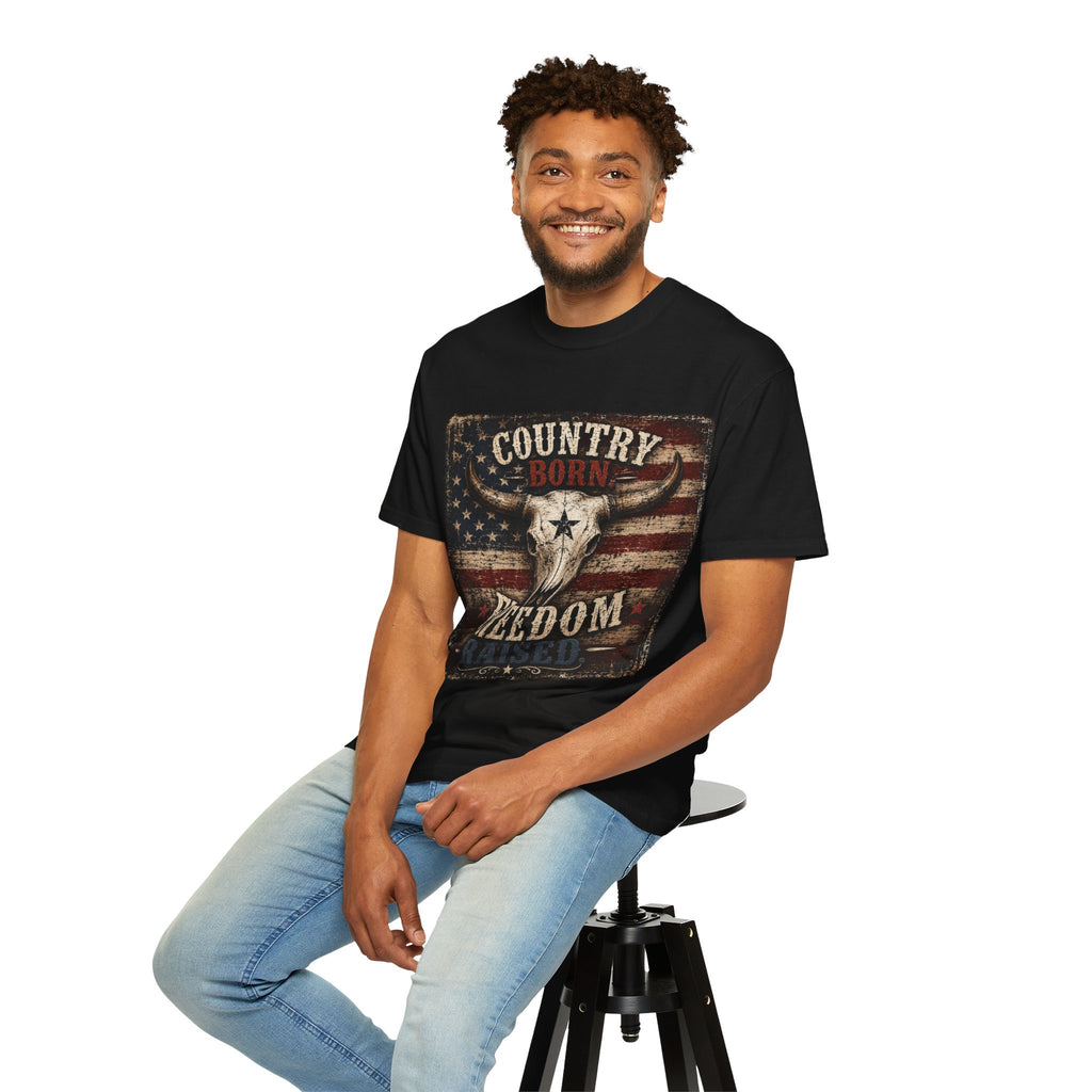 Country Born Freedom Raised T-Shirt — American Flag Steer Skull Graphic