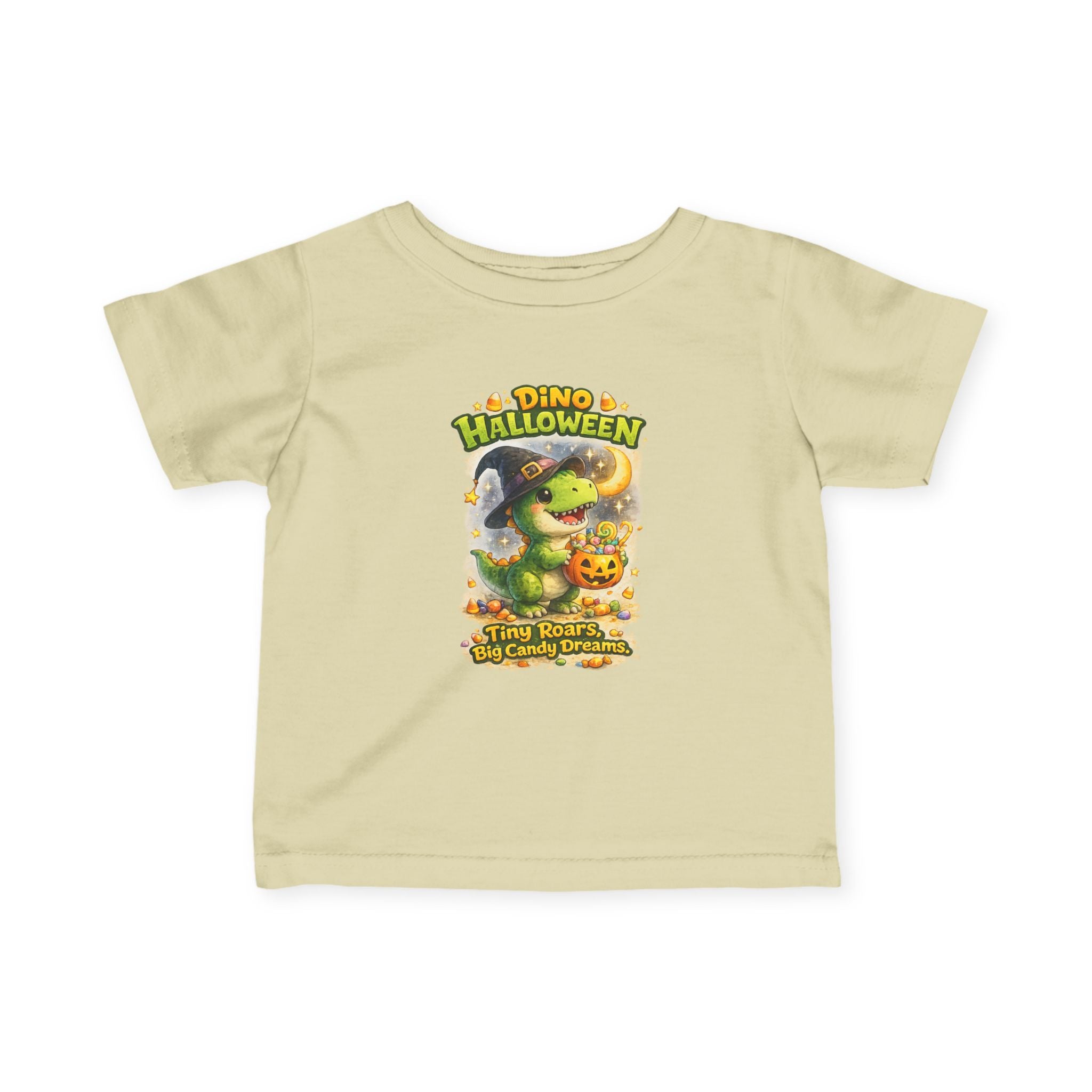 "Tiny Roars, Big Candy Dreams" Baby Shirt — Infant Halloween Dino Tee