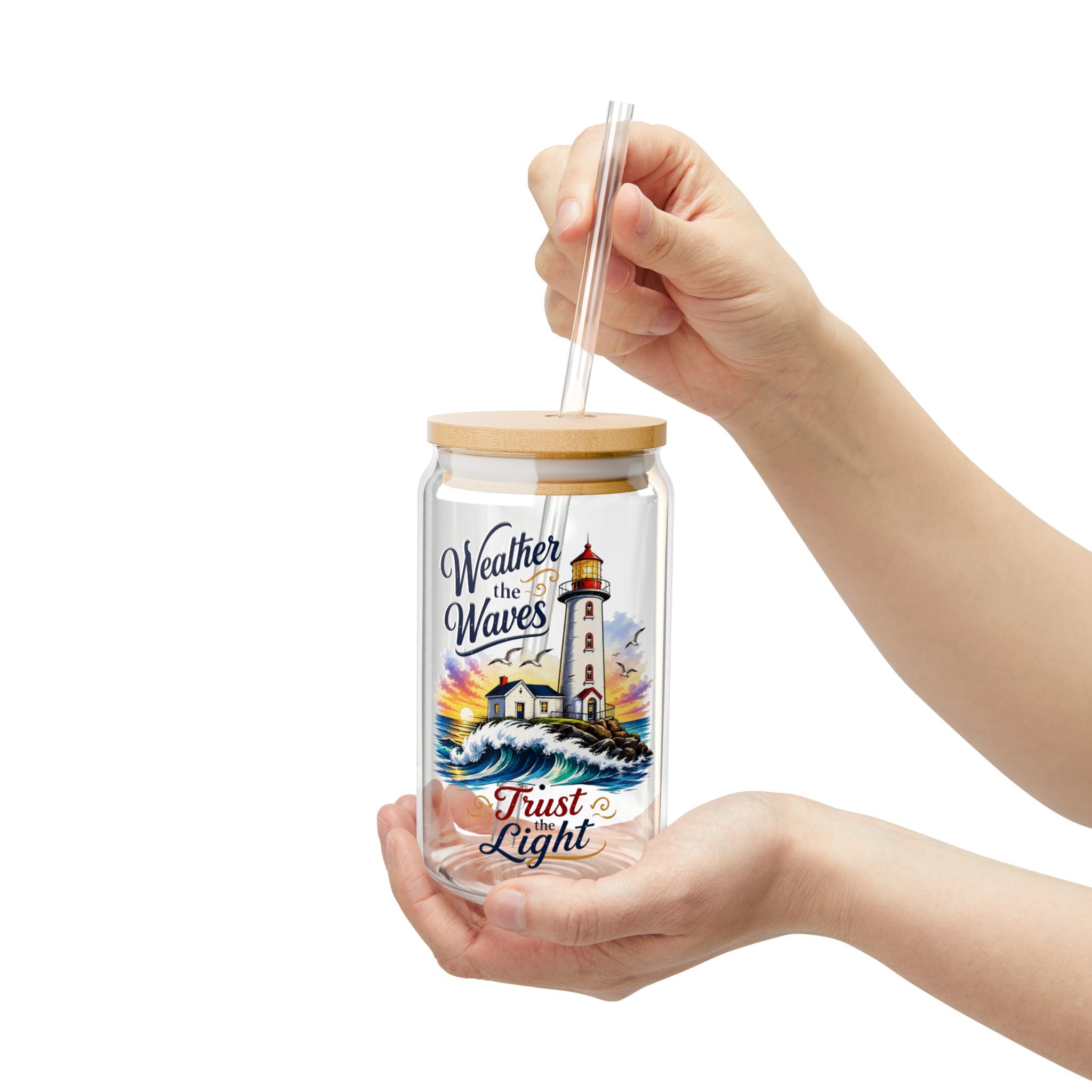 Lighthouse Sipper Glass 16oz – "Weather the Waves" Inspirational Travel Tumbler