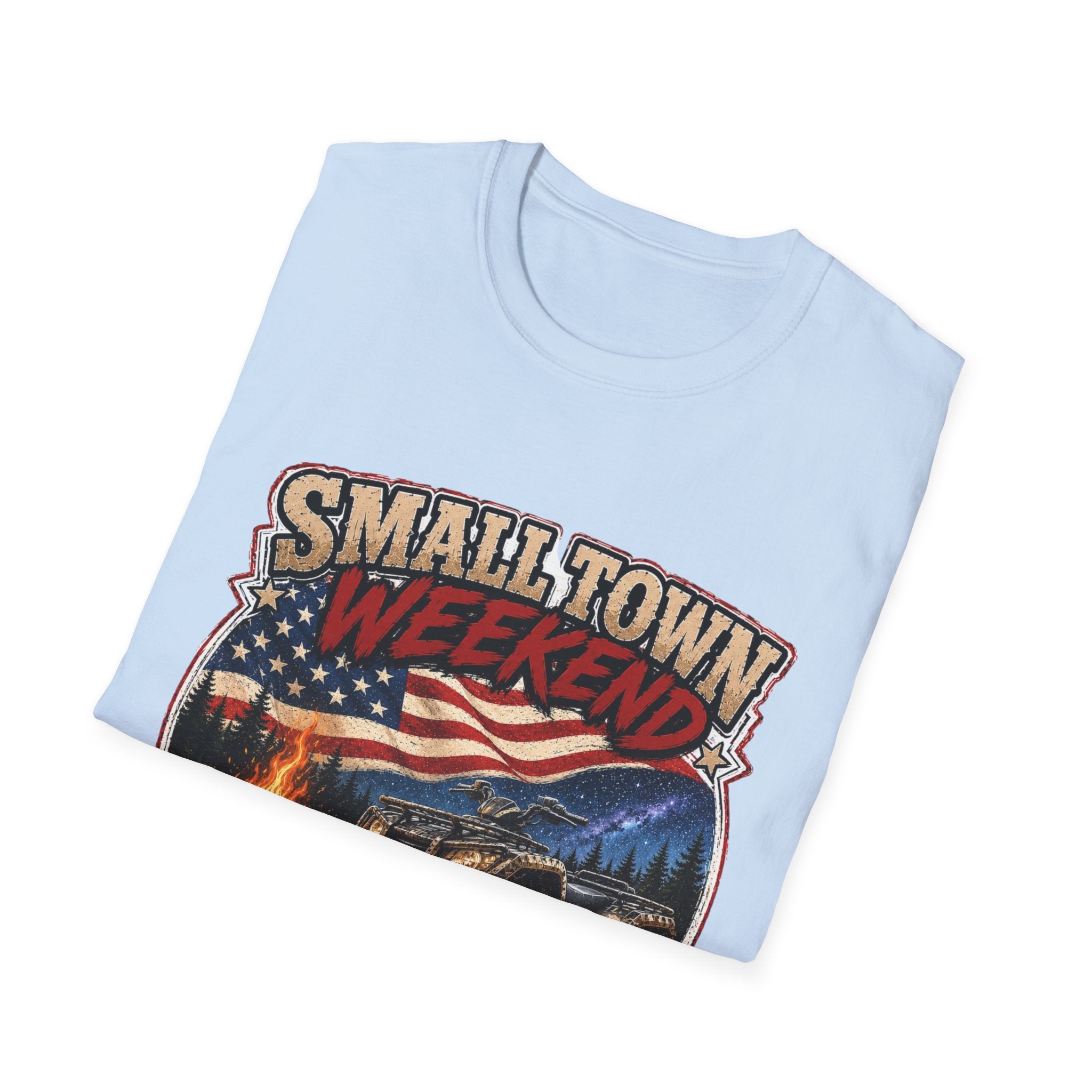 Small Town Weekend T-Shirt — Americana Flag, Bonfire & ATV Retro Graphic