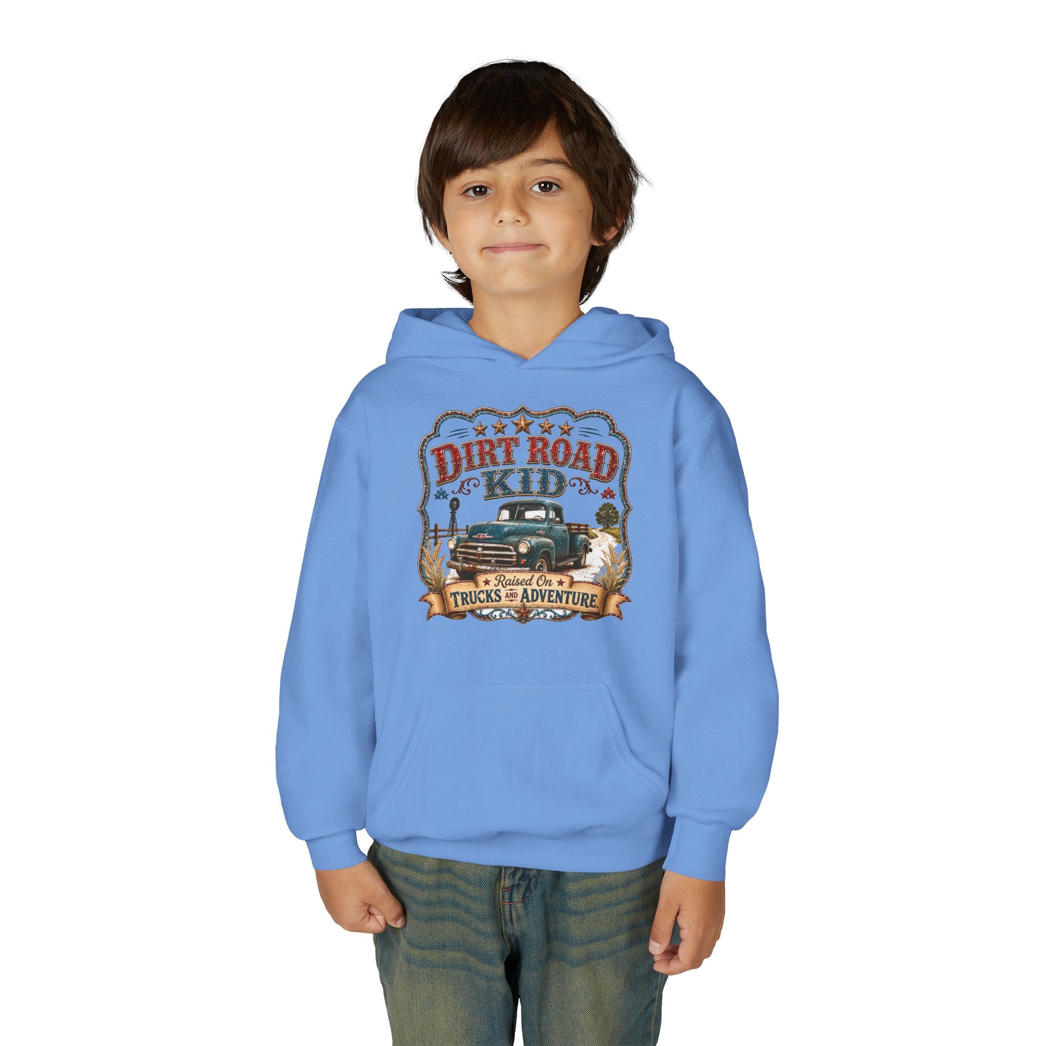 Youth Hoodie — “Dirt Road Kid” Vintage Truck Adventure Sweatshirt