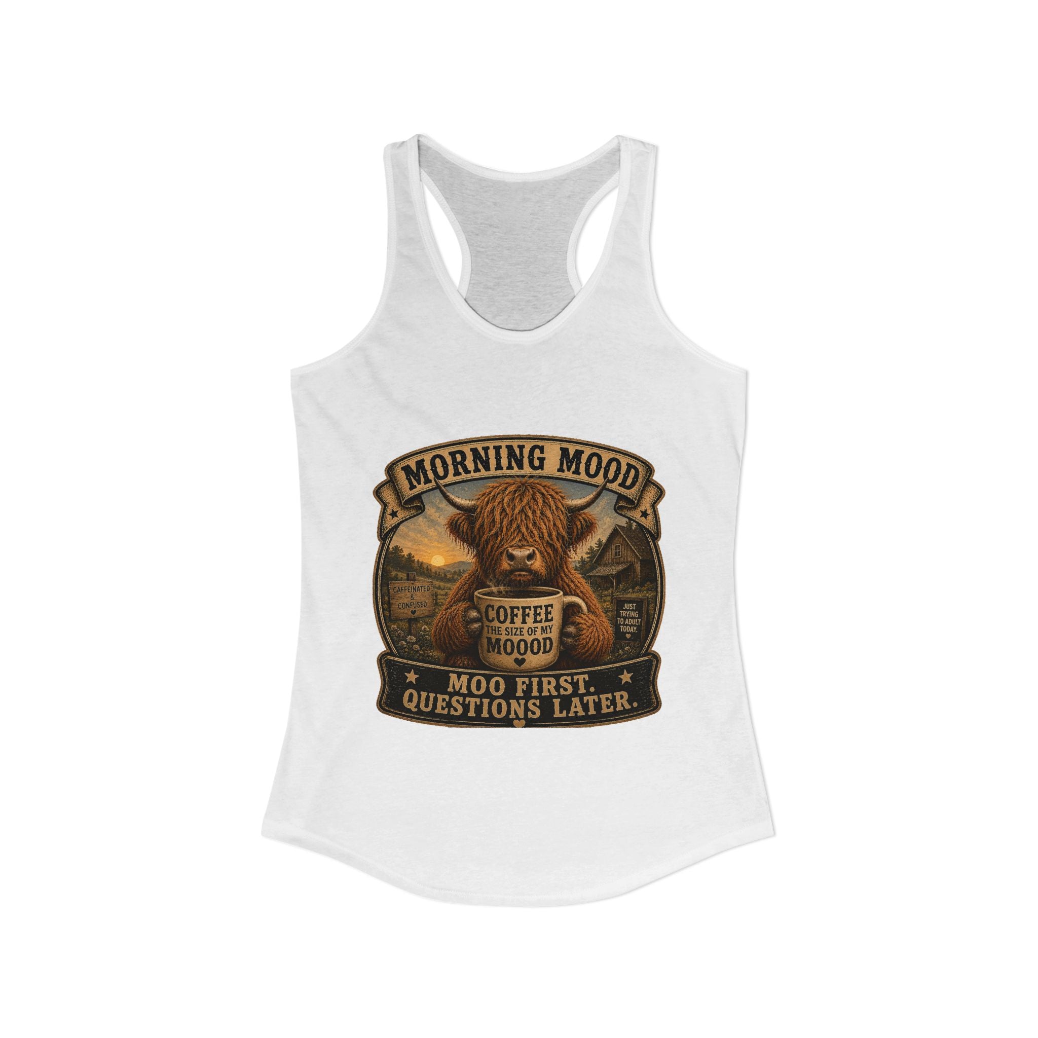 Morning Mood Highland Cow Women's Ideal Racerback Tank