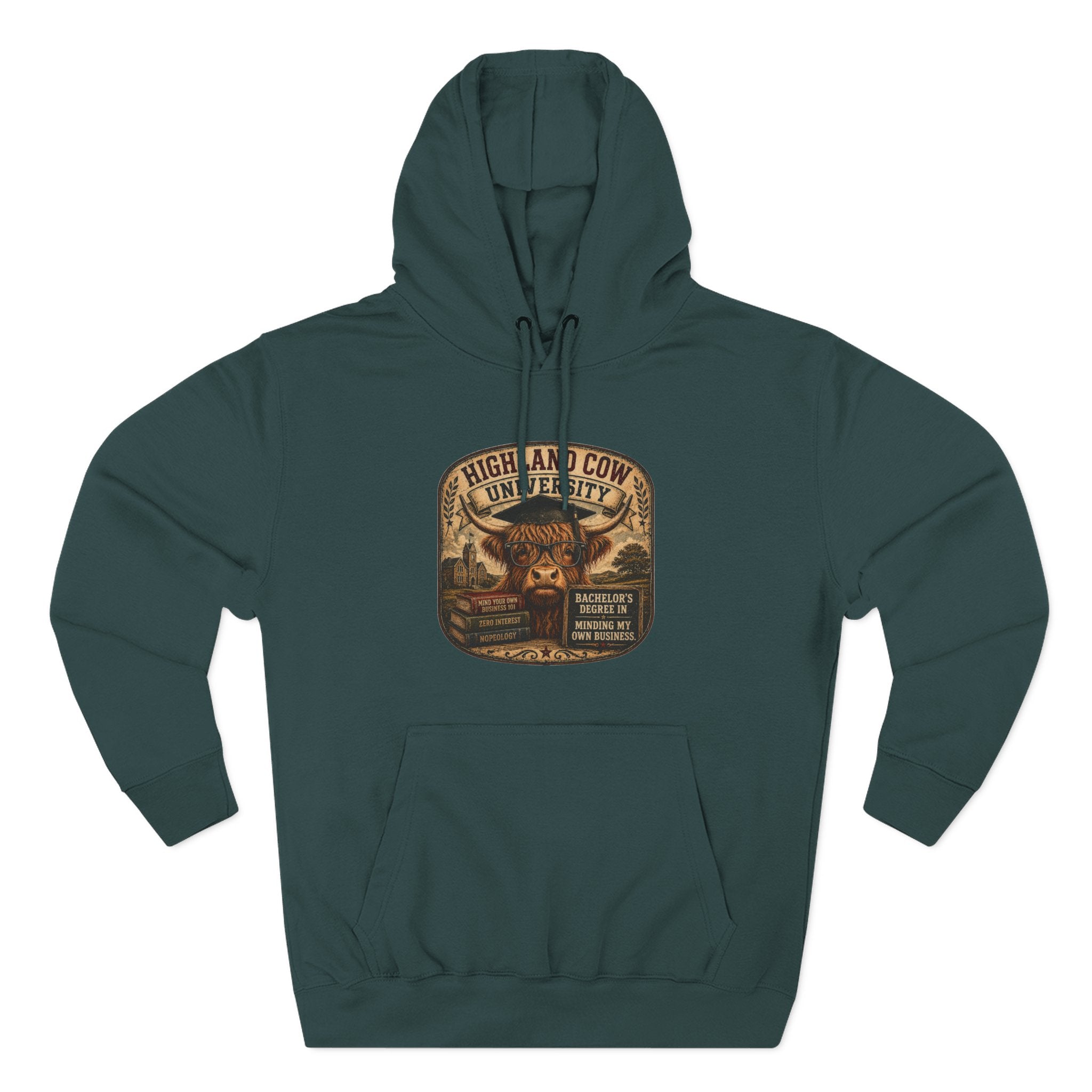 Highland Cow University Three-Panel Fleece Hoodie